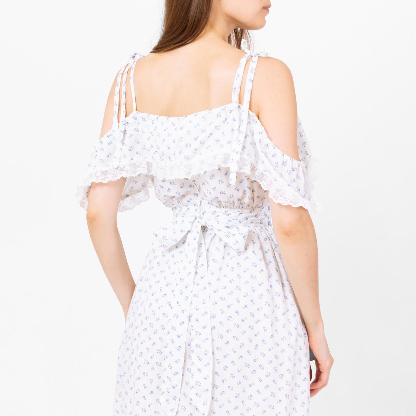 Vintage 70s White & Blue Floral Off-Shoulder Midi Prairie Dress - Extra Small | Boho Calico Lace Trim Fit Flare Peasant Sundress