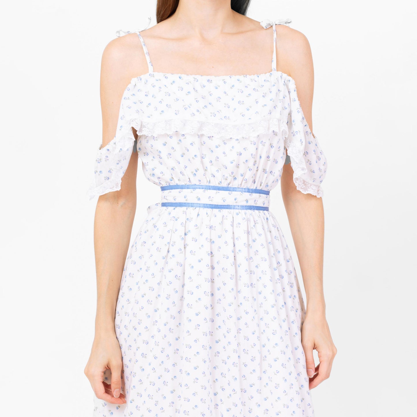 Vintage 70s White & Blue Floral Off-Shoulder Midi Prairie Dress - Extra Small | Boho Calico Lace Trim Fit Flare Peasant Sundress