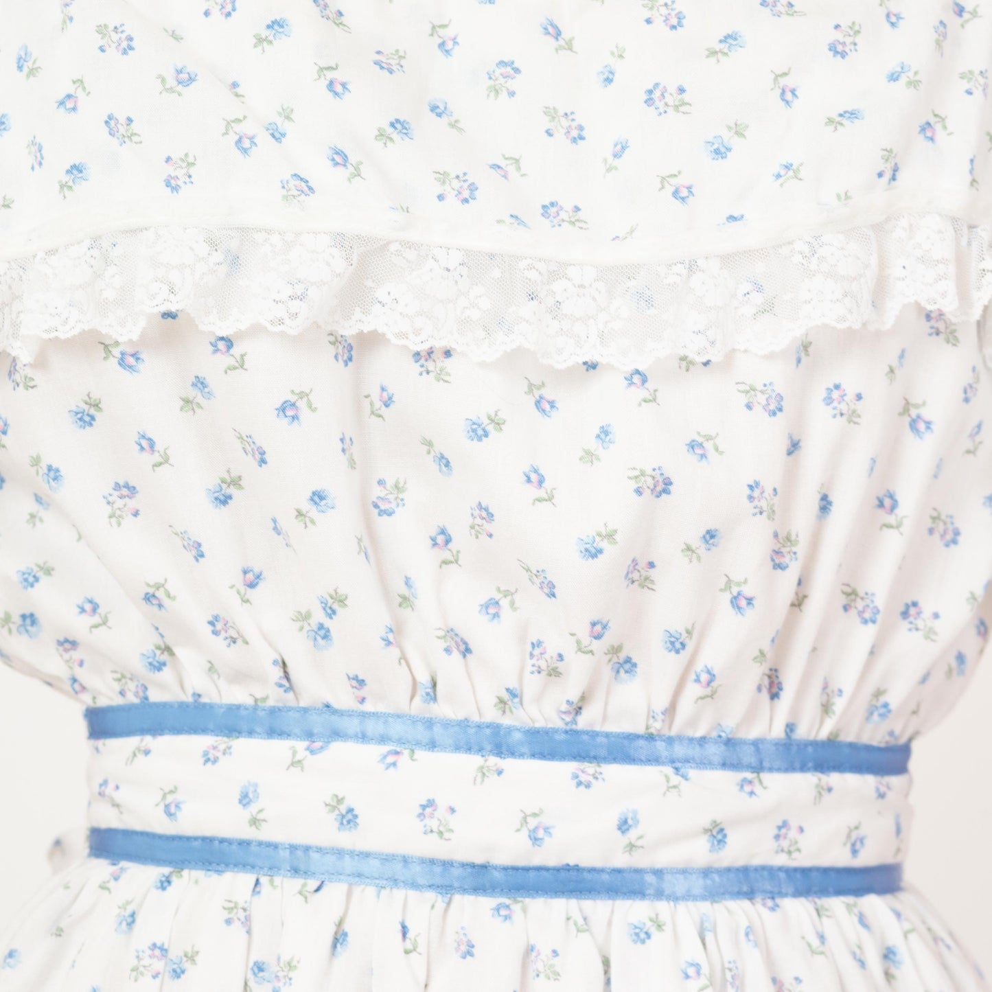Vintage 70s White & Blue Floral Off-Shoulder Midi Prairie Dress - Extra Small | Boho Calico Lace Trim Fit Flare Peasant Sundress
