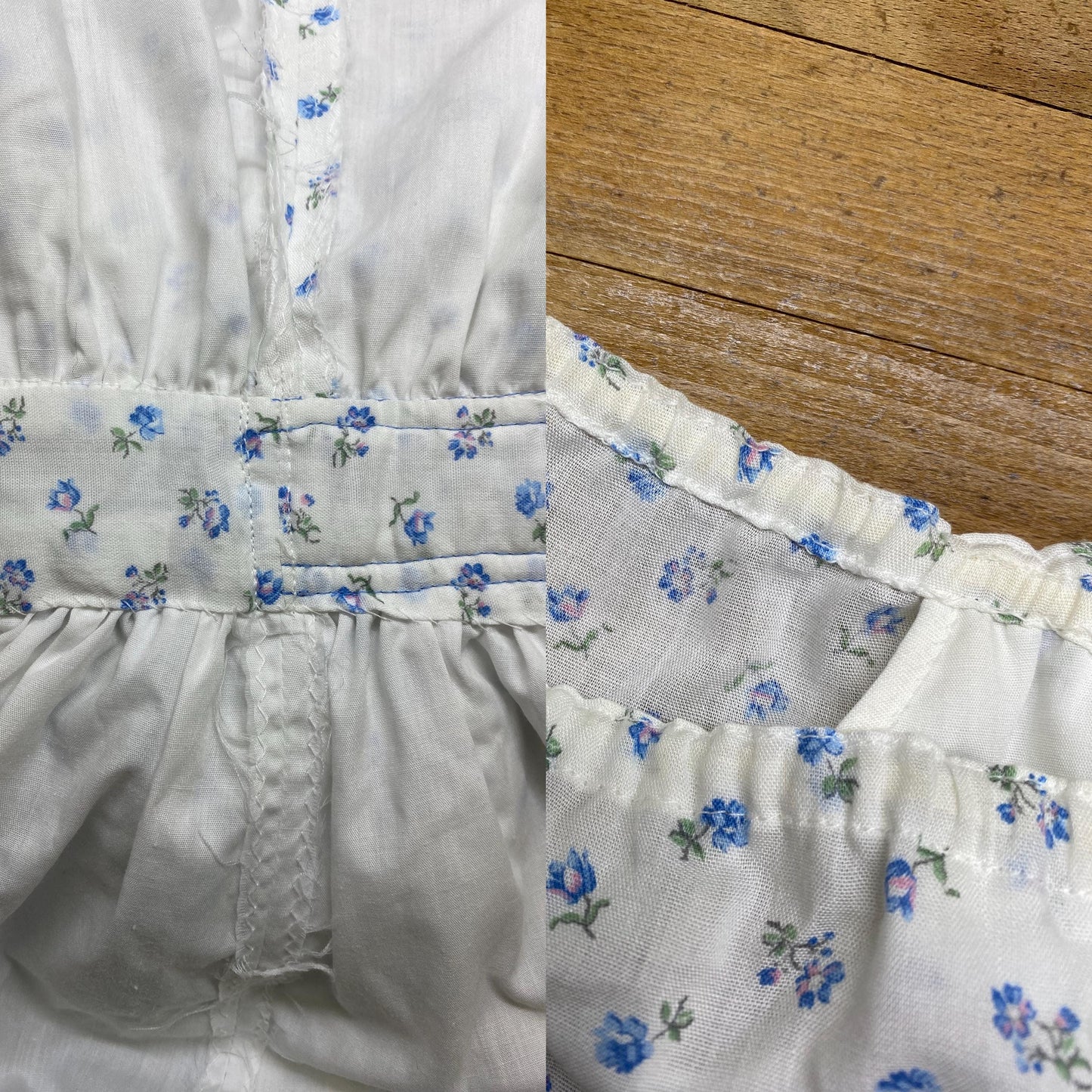 Vintage 70s White & Blue Floral Off-Shoulder Midi Prairie Dress - Extra Small | Boho Calico Lace Trim Fit Flare Peasant Sundress
