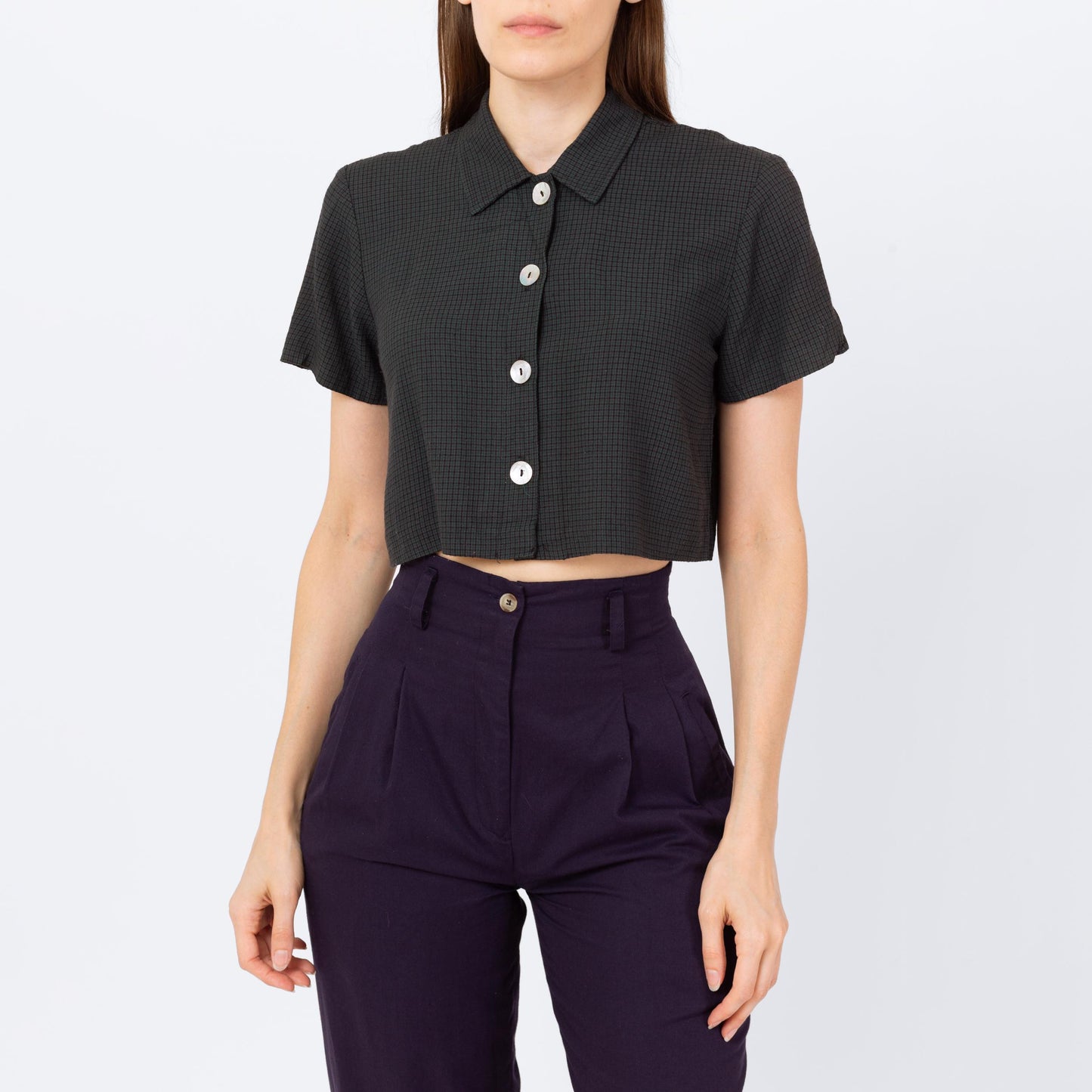 Vintage 90s Dark Green Plaid Crop Top - Small | Short Sleeve Collared Cropped Blouse, Grunge Abalone Button Up Shirt
