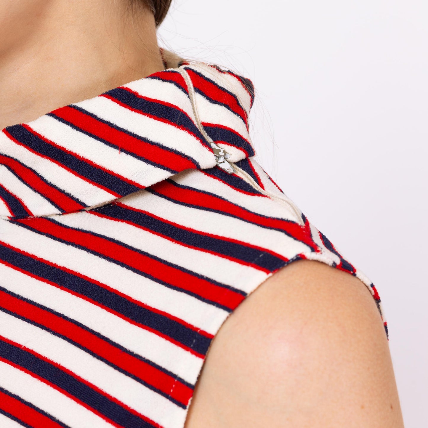 Vintage 60s 70s Mod Striped Terrycloth Tunic Top - Small | Red White & Blue Sleeveless Drawstring Waist Tank Top