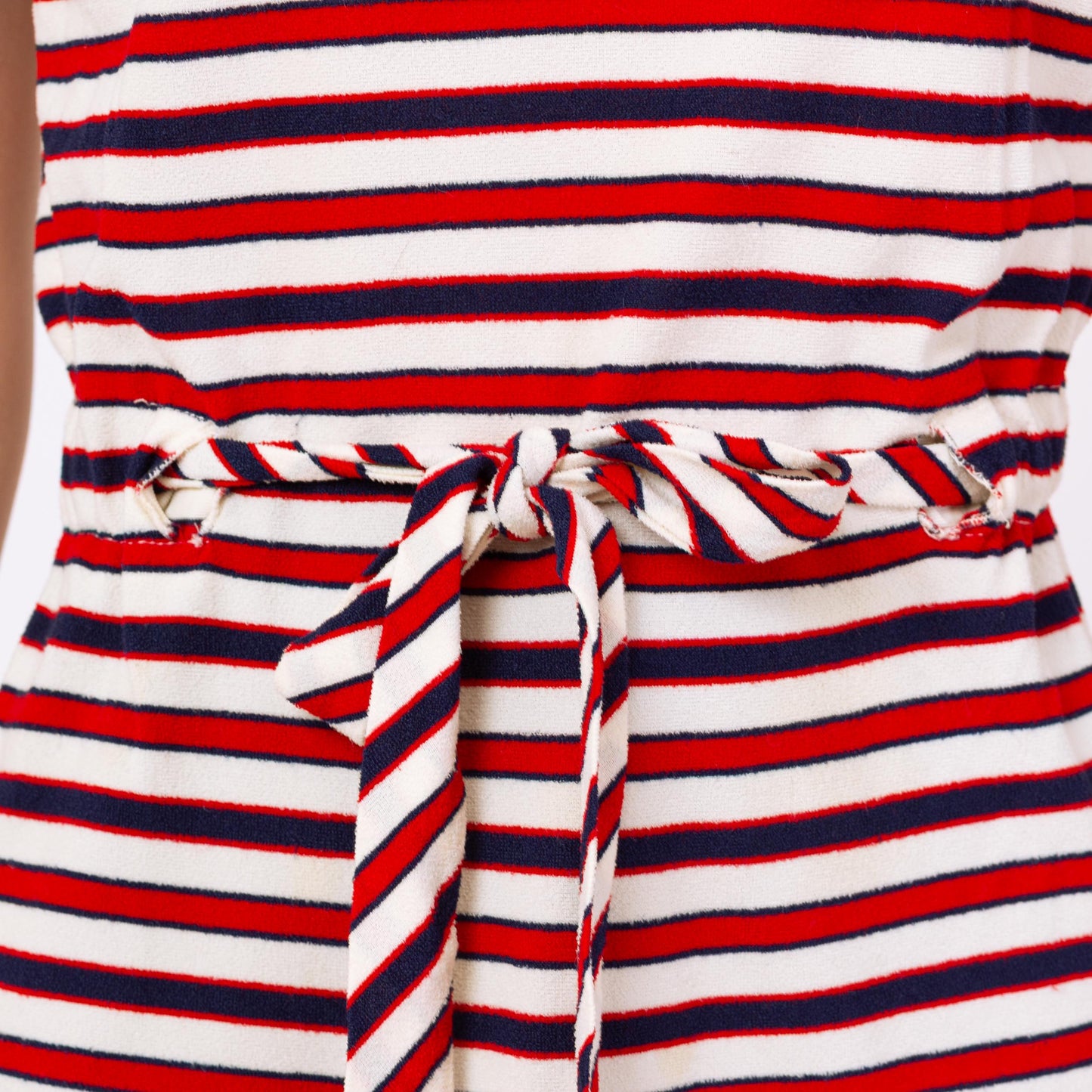 Vintage 60s 70s Mod Striped Terrycloth Tunic Top - Small | Red White & Blue Sleeveless Drawstring Waist Tank Top