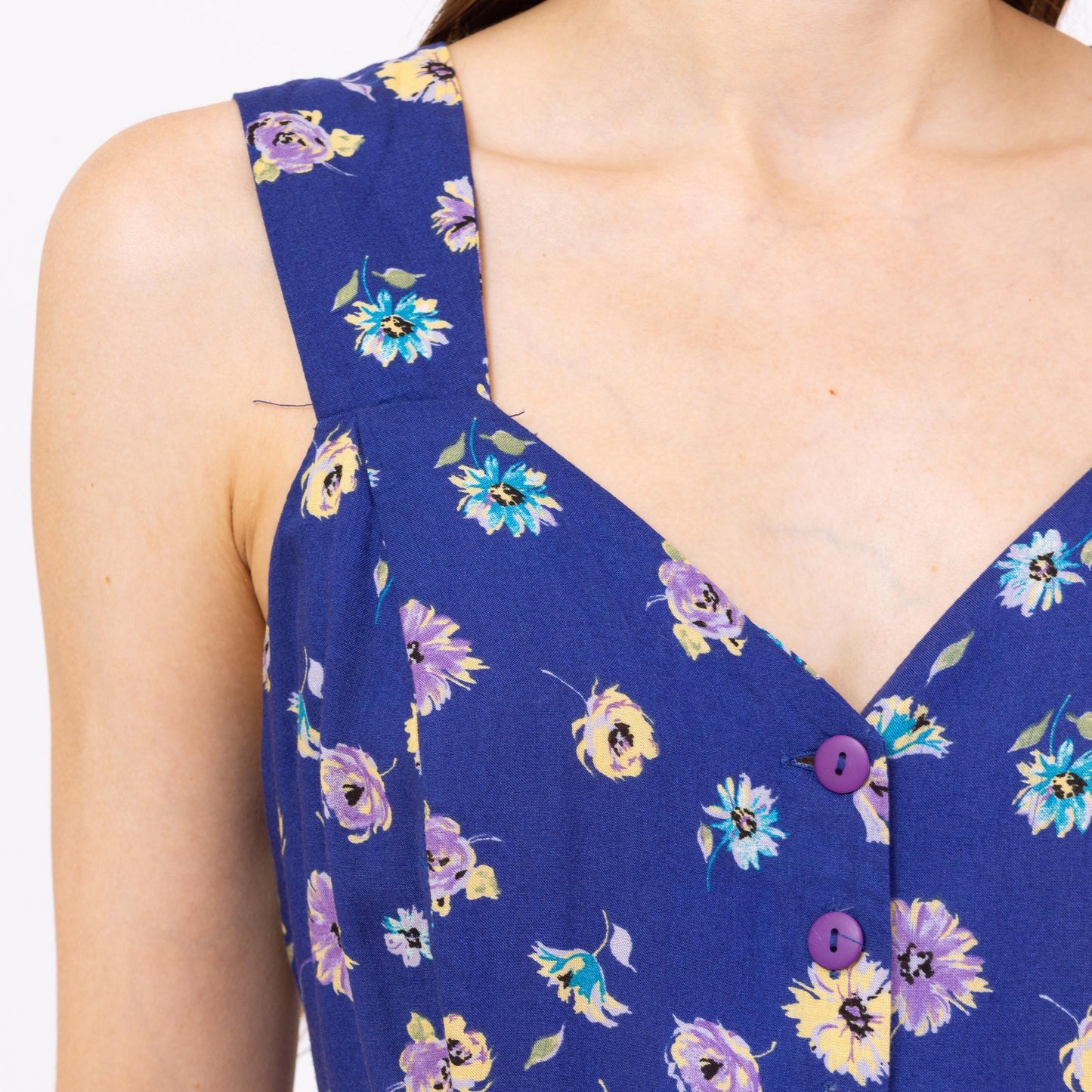 Vintage 90s Blue Floral Corset Back Romper - Medium | Boho Grunge Cinched Waist Sleeveless Button Up Playsuit