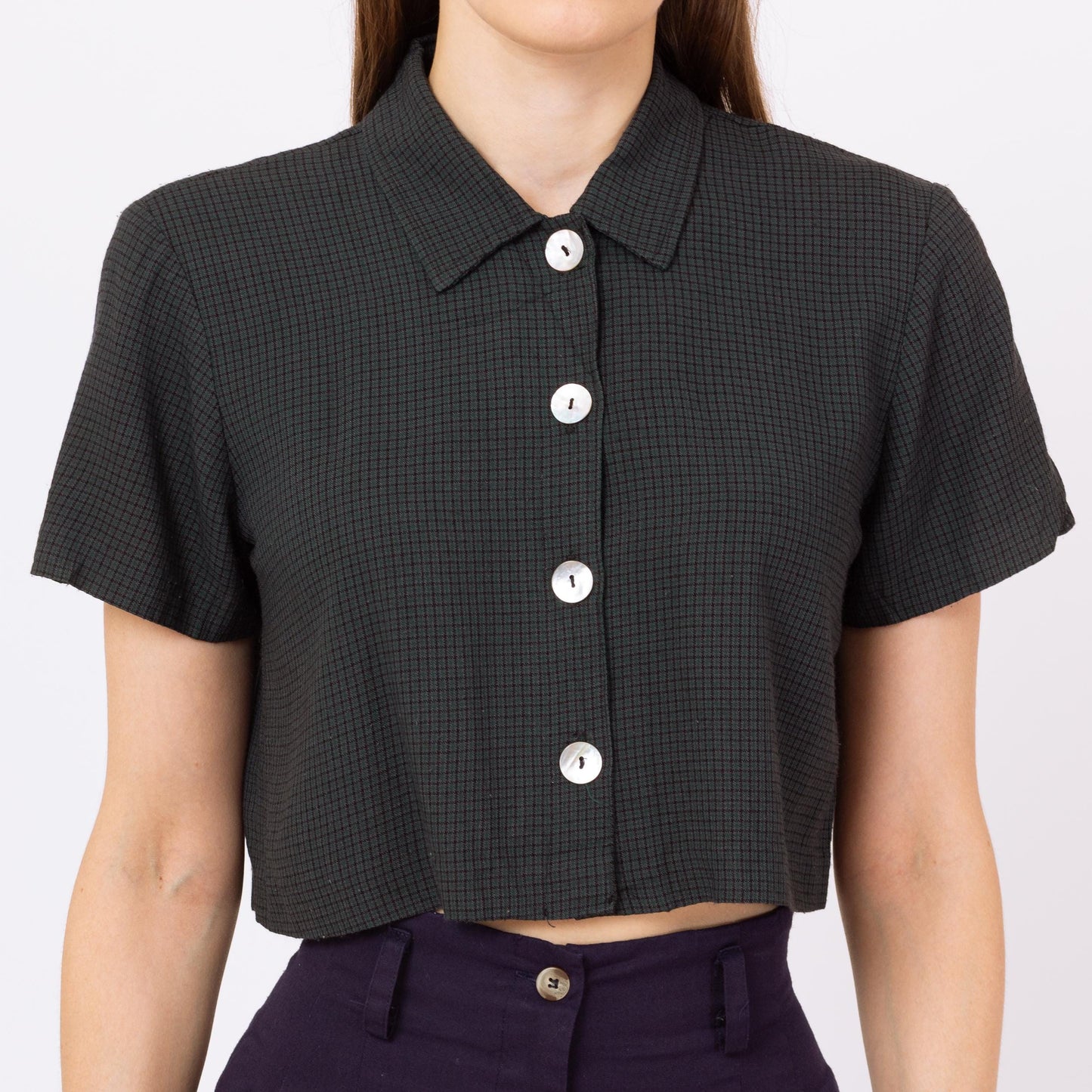 Vintage 90s Dark Green Plaid Crop Top - Small | Short Sleeve Collared Cropped Blouse, Grunge Abalone Button Up Shirt