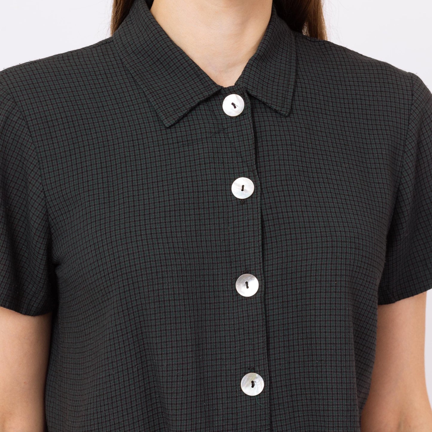 Vintage 90s Dark Green Plaid Crop Top - Small | Short Sleeve Collared Cropped Blouse, Grunge Abalone Button Up Shirt