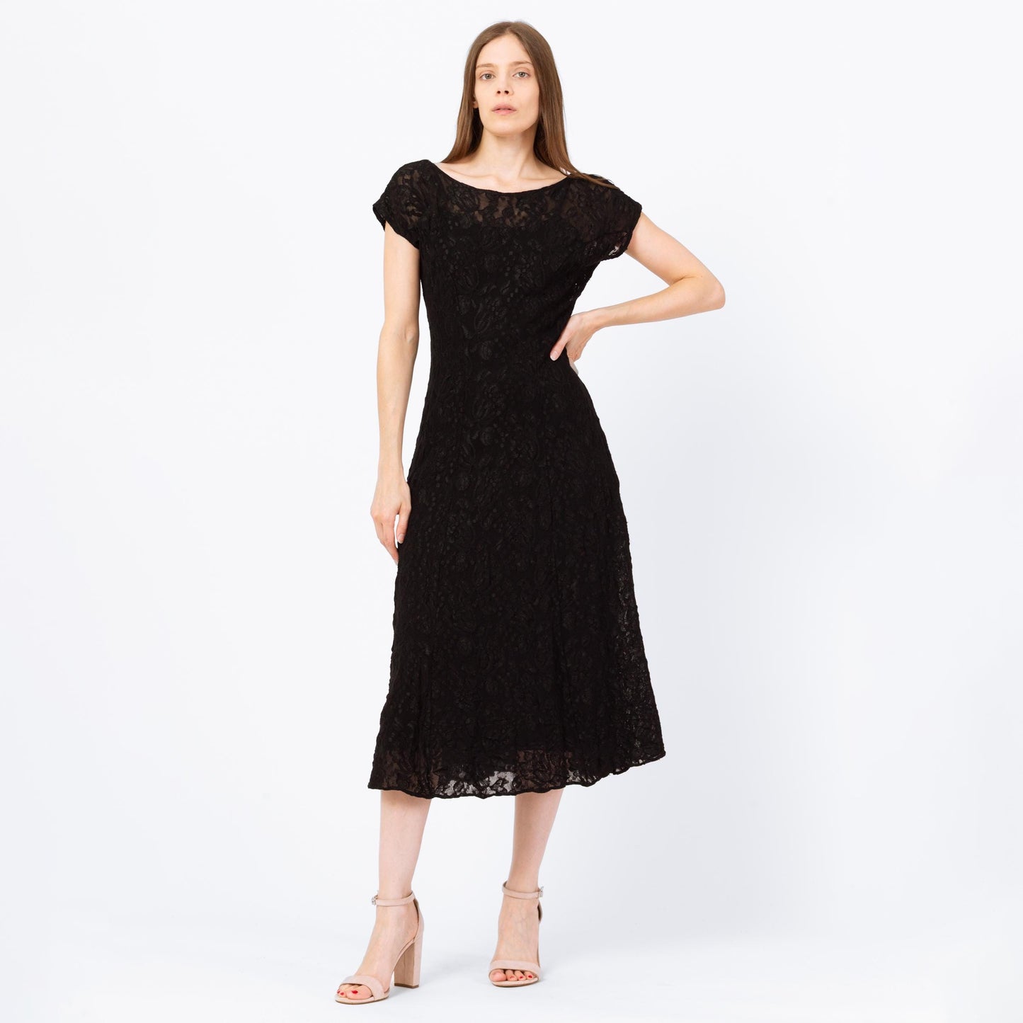 Vintage 90s Black Lace Low Back Rosette Midi Dress - Small | A Line Party Dress, Gothic Wedding Guest Dress