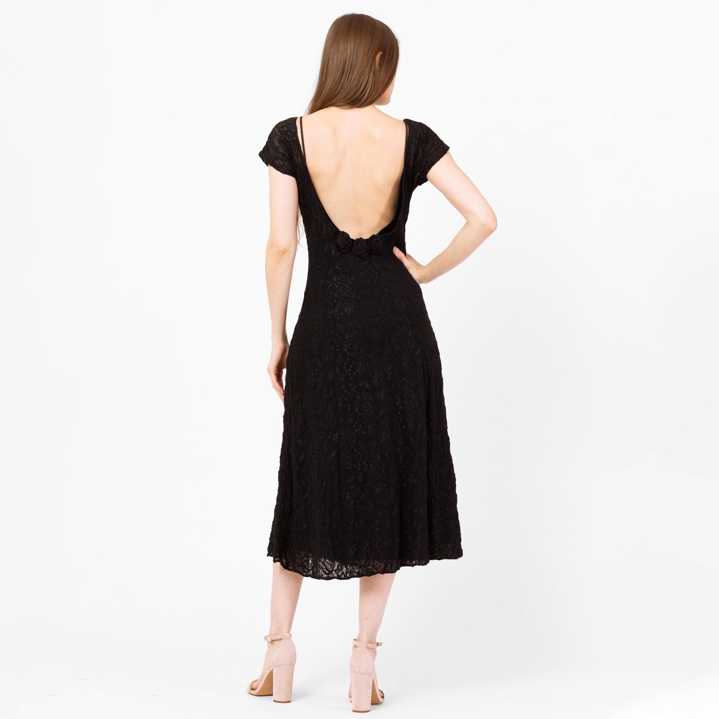 Vintage 90s Black Lace Low Back Rosette Midi Dress - Small | A Line Party Dress, Gothic Wedding Guest Dress