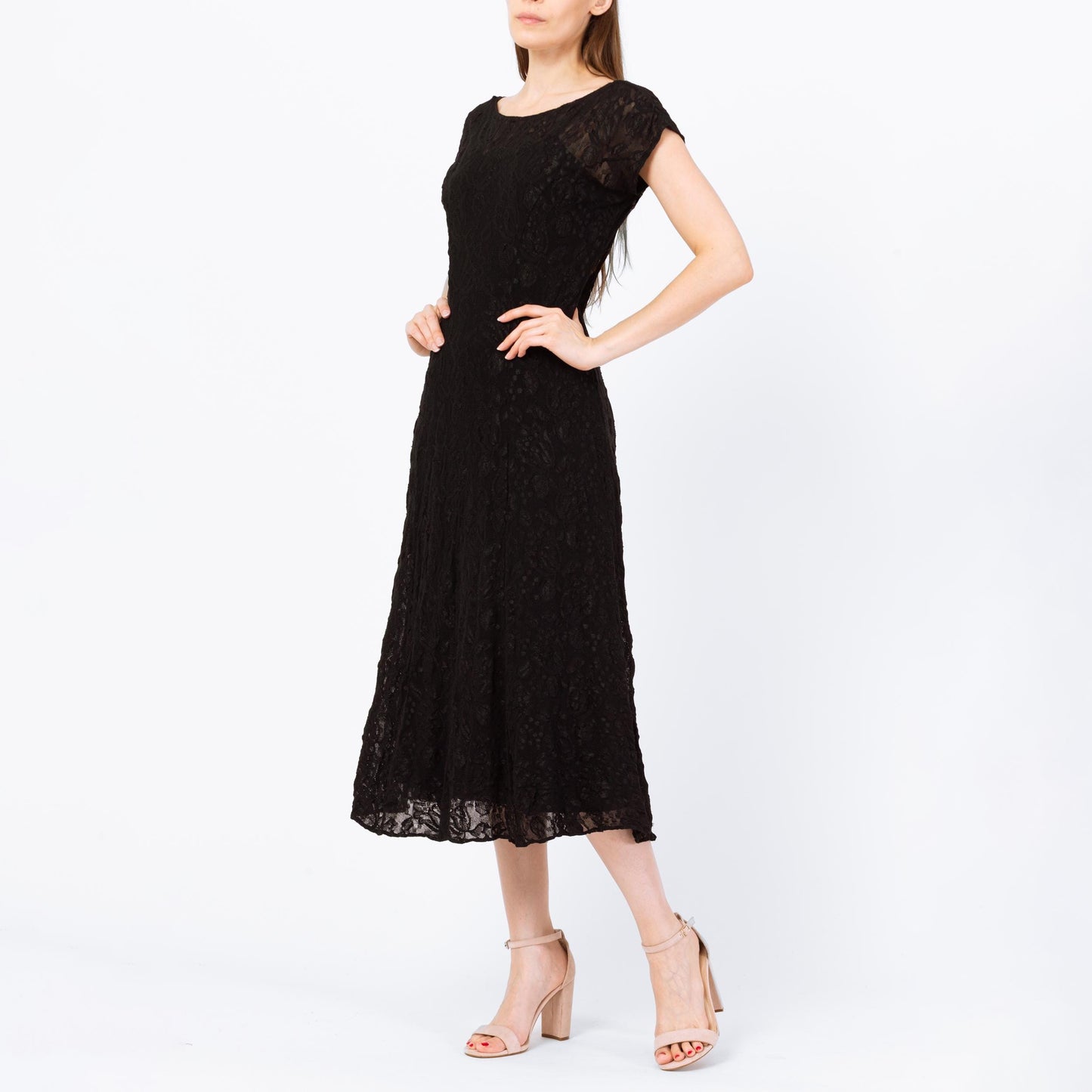 Vintage 90s Black Lace Low Back Rosette Midi Dress - Small | A Line Party Dress, Gothic Wedding Guest Dress