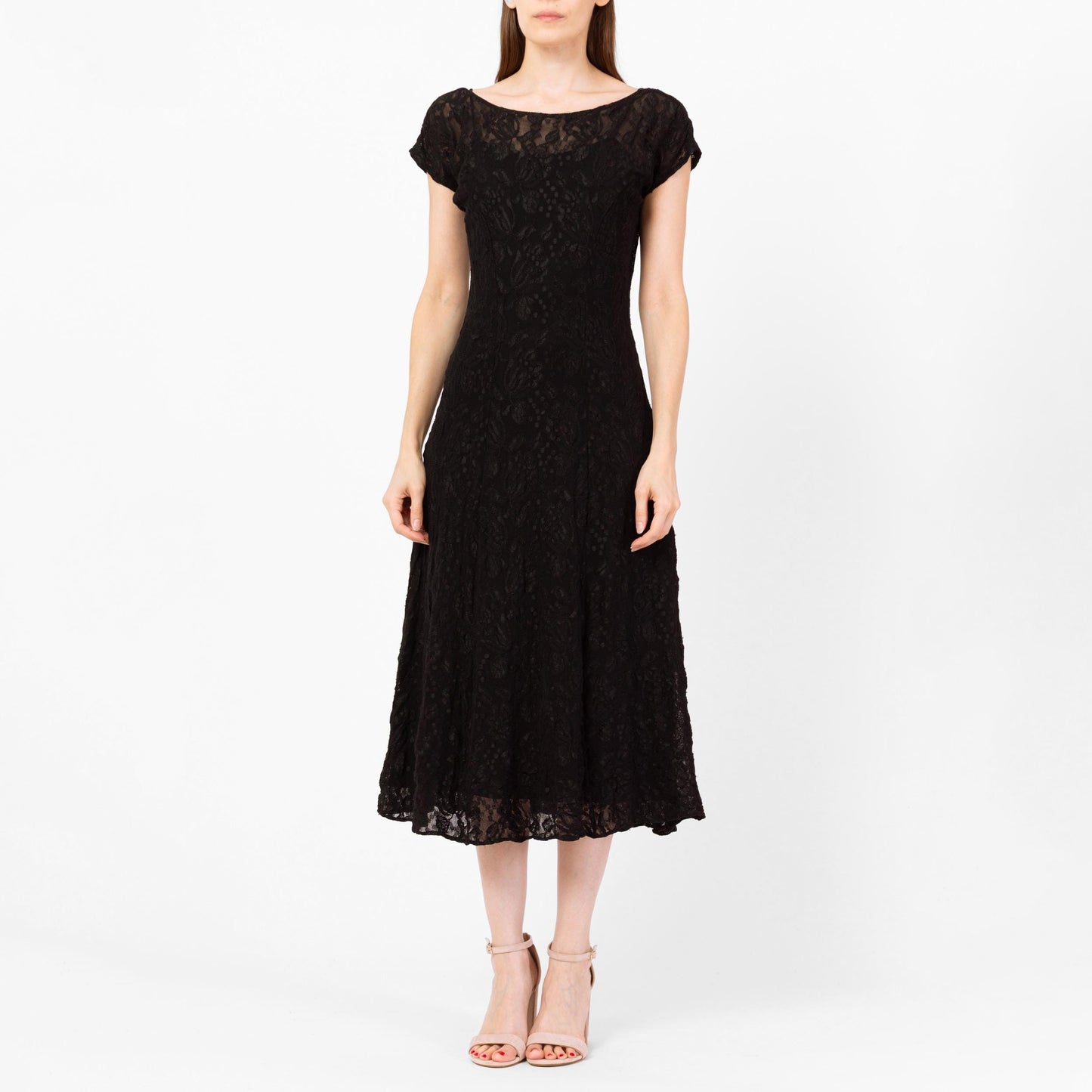 Vintage 90s Black Lace Low Back Rosette Midi Dress - Small | A Line Party Dress, Gothic Wedding Guest Dress
