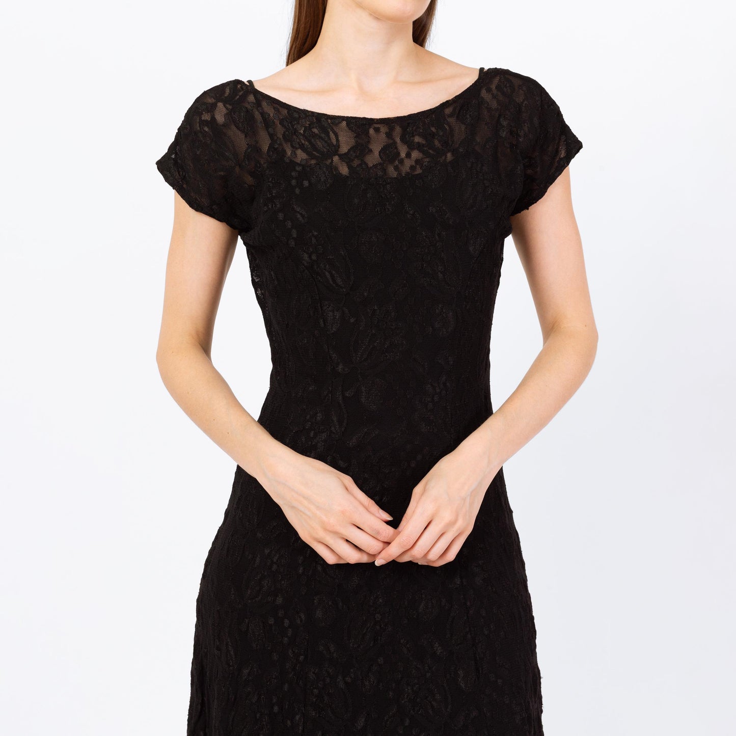 Vintage 90s Black Lace Low Back Rosette Midi Dress - Small | A Line Party Dress, Gothic Wedding Guest Dress