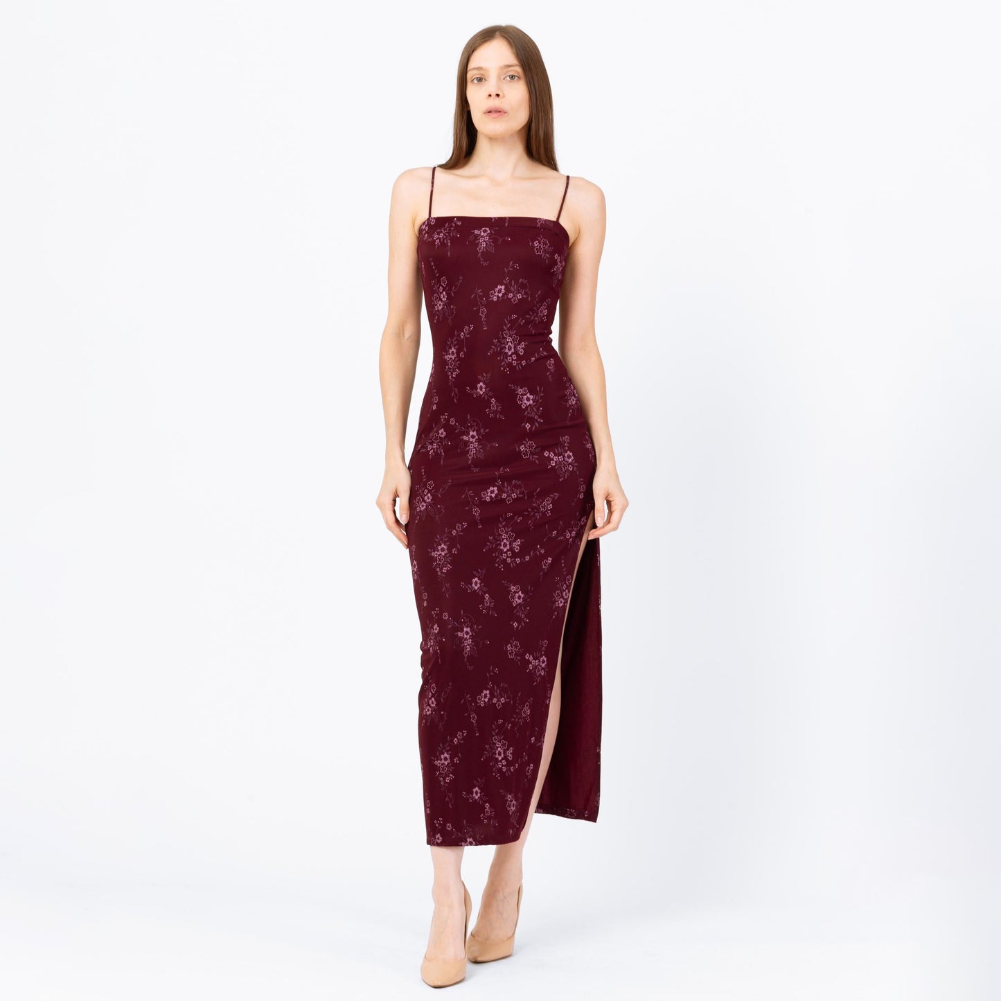 Vintage 90s Wine Red Floral Bodycon Maxi Dress - Extra Small | Spaghetti Strap Square Neck High Thigh Slit Slinky Sexy Formal Gown