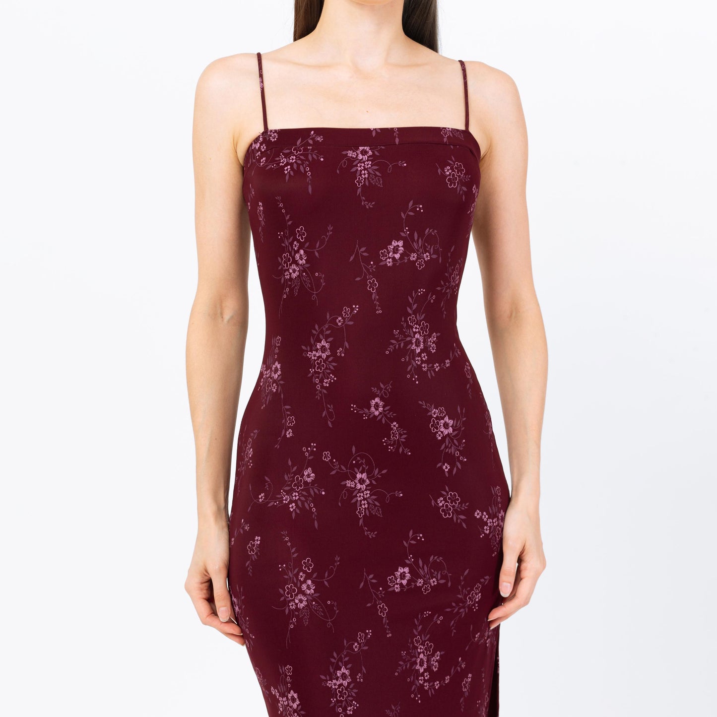 Vintage 90s Wine Red Floral Bodycon Maxi Dress - Extra Small | Spaghetti Strap Square Neck High Thigh Slit Slinky Sexy Formal Gown