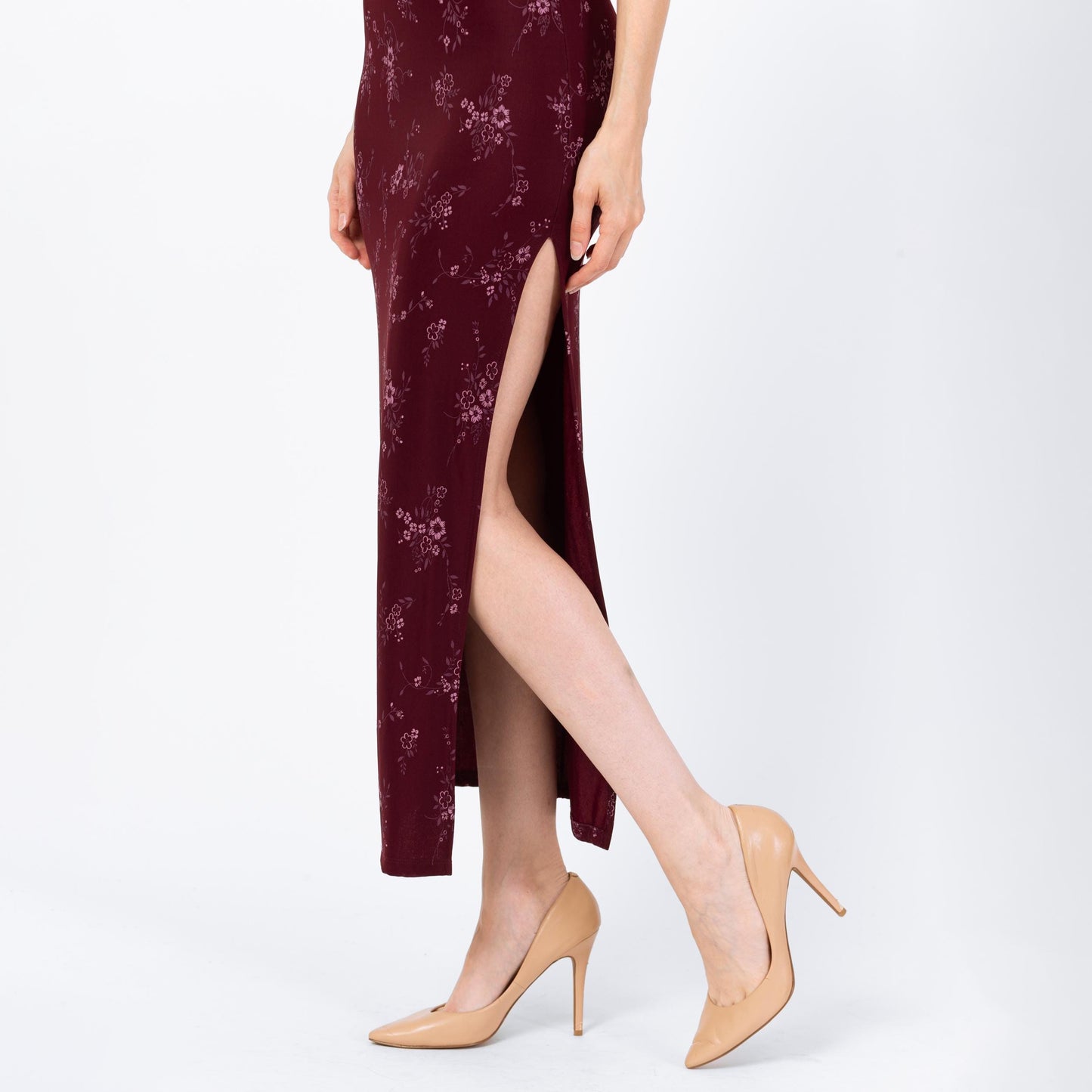 Vintage 90s Wine Red Floral Bodycon Maxi Dress - Extra Small | Spaghetti Strap Square Neck High Thigh Slit Slinky Sexy Formal Gown