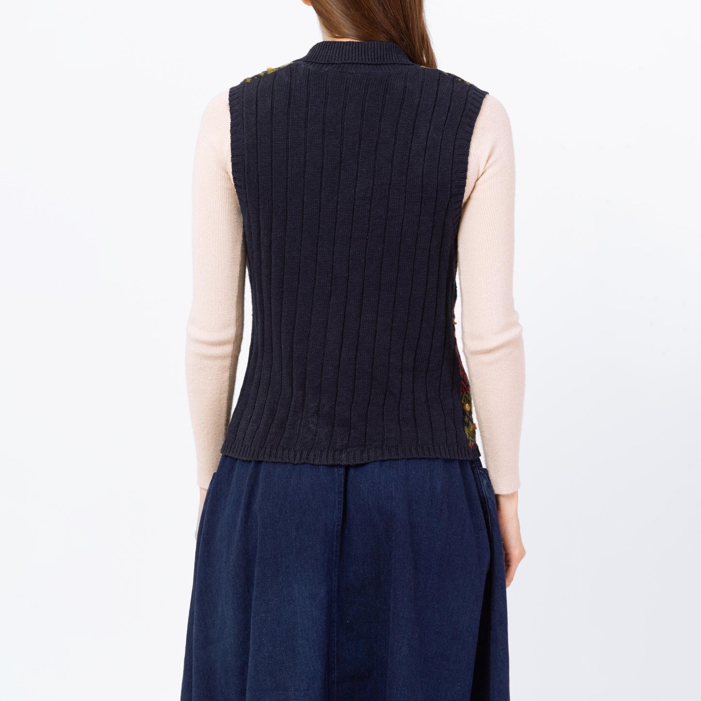 Vintage 90s Fair Isle Sweater Vest - Medium | Navy Blue Striped Button Up Sleeveless Cotton Knit Top