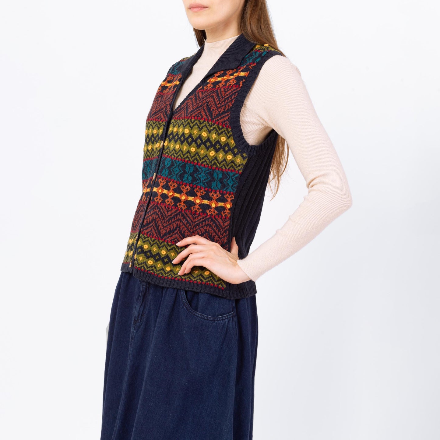 Vintage 90s Fair Isle Sweater Vest - Medium | Navy Blue Striped Button Up Sleeveless Cotton Knit Top