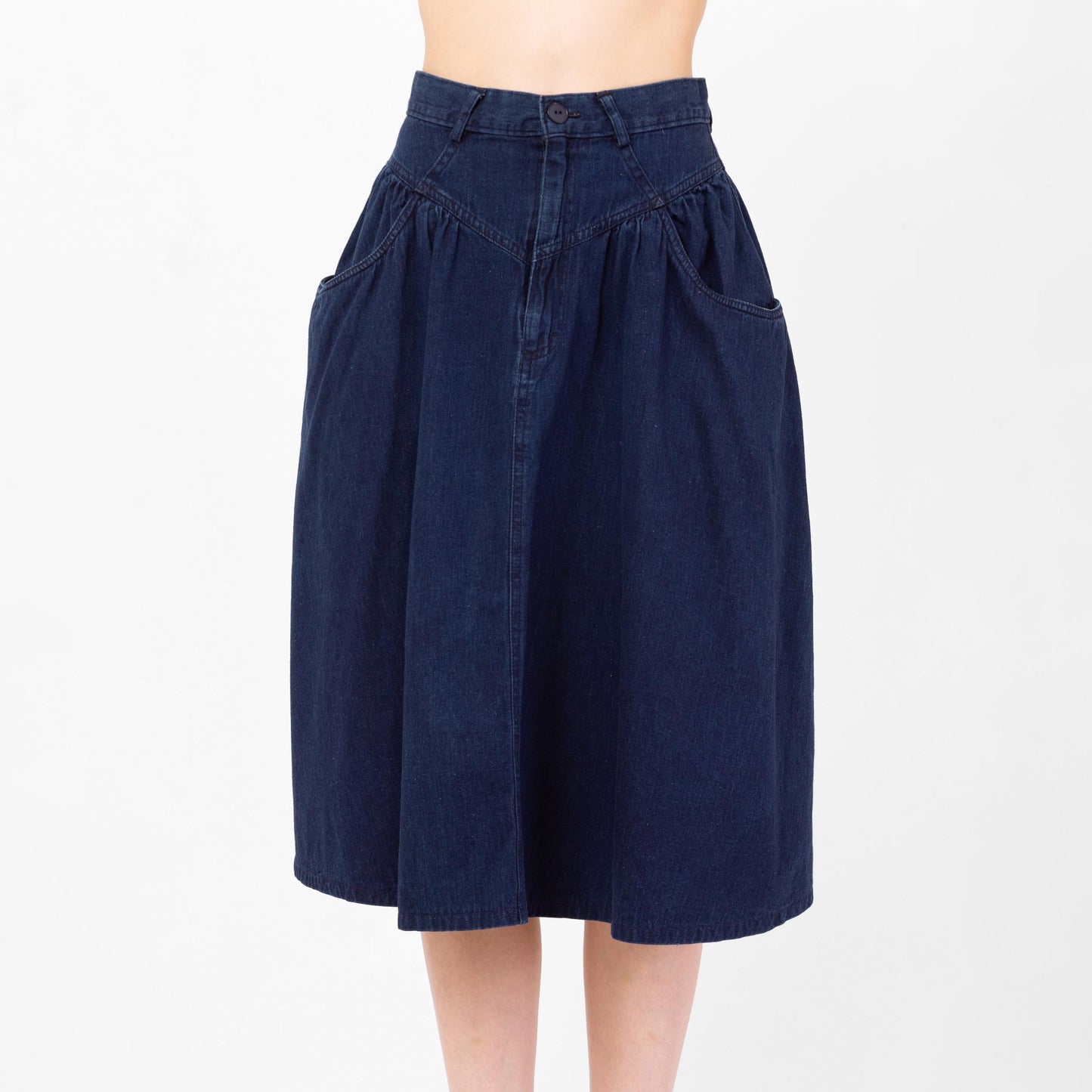 Vintage 80s Calvin Klein Dark Wash Denim Midi Skirt - Small, 26" Waist | Yoked High Waisted Blue Jean Chambray Pocket Skirt
