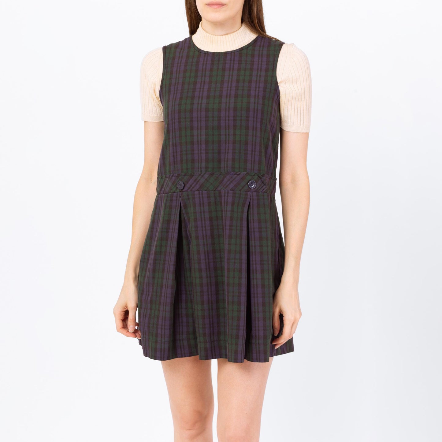 Vintage 80s Plaid Pinafore Schoolgirl Mini Dress - Petite Extra Small | Grunge Sleeveless Drop Waist School Uniform Dress