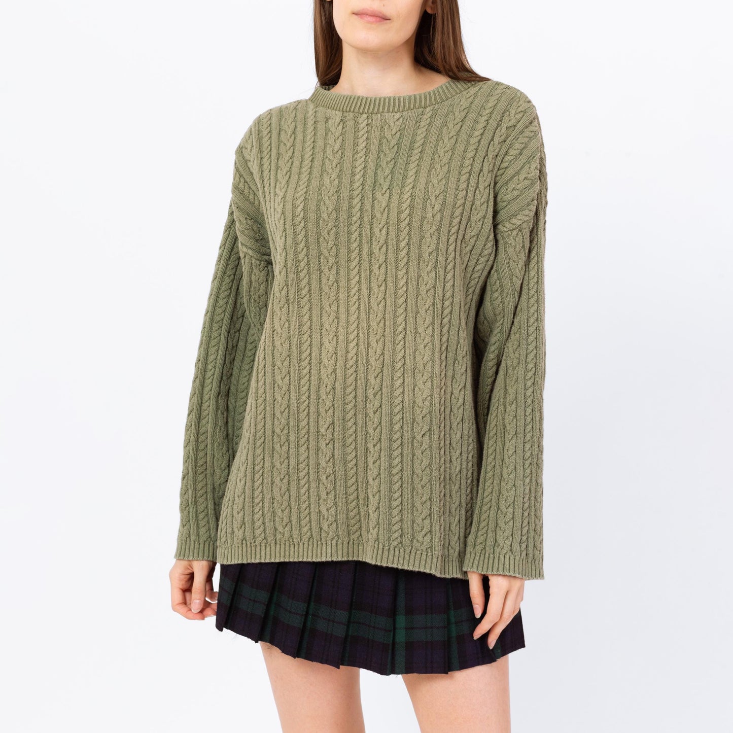 Vintage 90s Sage Green Cable Knit Sweater - Men's Medium, Women's Large | Cotton Crew Neck Slouchy Fisherman Pullover