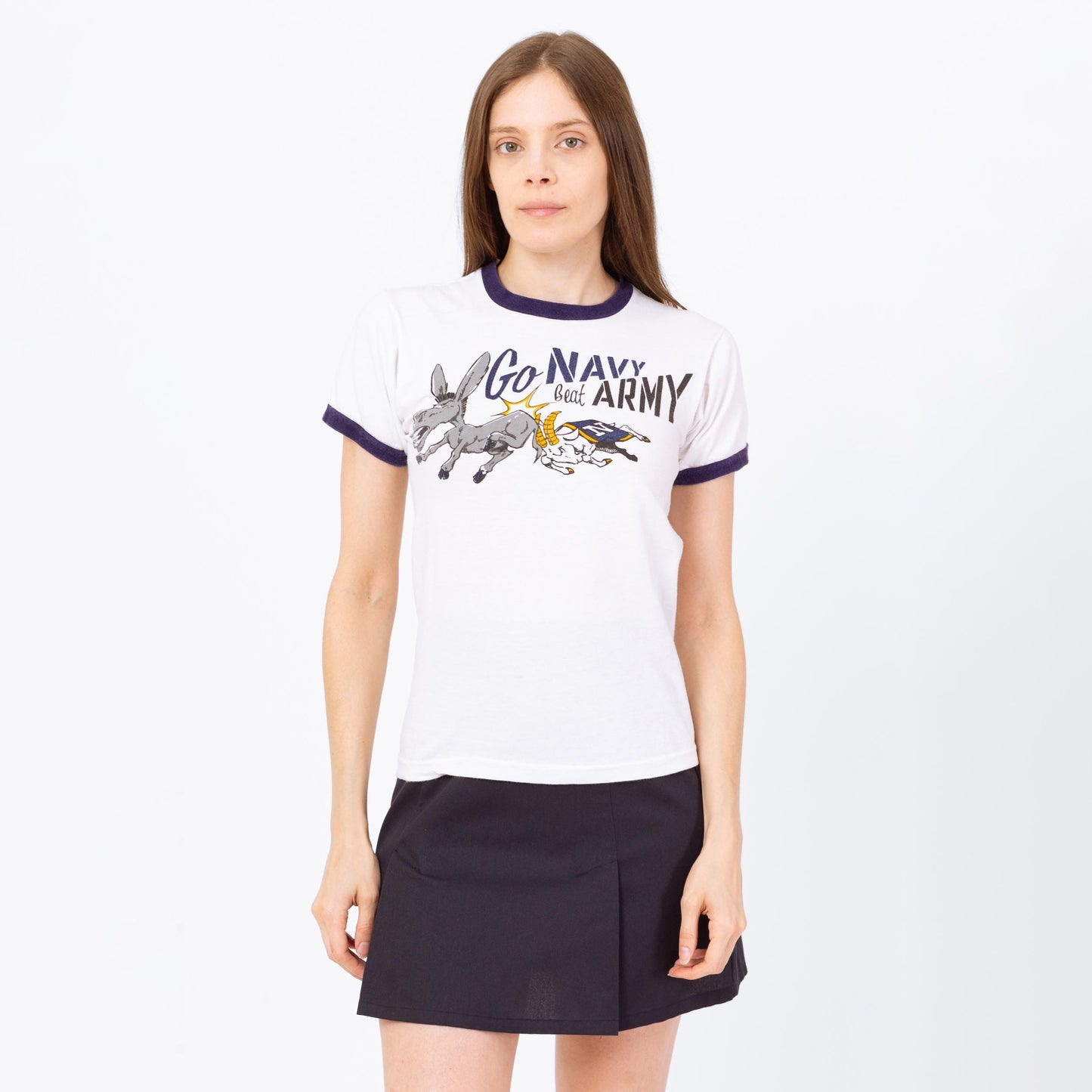Vintage 70s "Go Navy Beat Army" Ringer T Shirt - Extra Small | College Football Military Cartoon Graphic Champion Tee