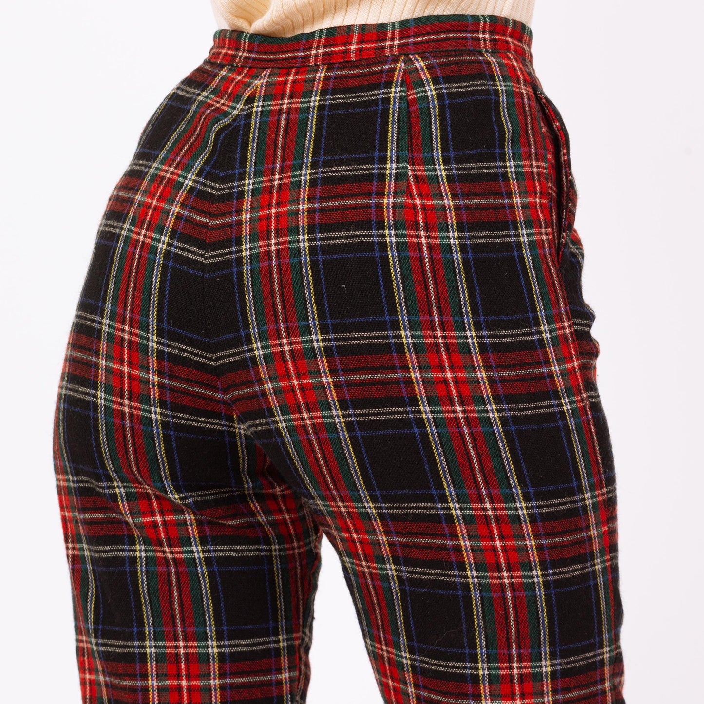 Vintage 60s Red & Black Tartan Plaid Knee Length Shorts - Extra Small, 24" Waist | Retro Fitted Wool Bermuda Shorts