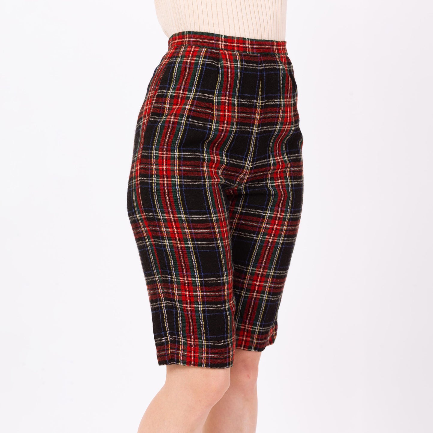Vintage 60s Red & Black Tartan Plaid Knee Length Shorts - Extra Small, 24" Waist | Retro Fitted Wool Bermuda Shorts