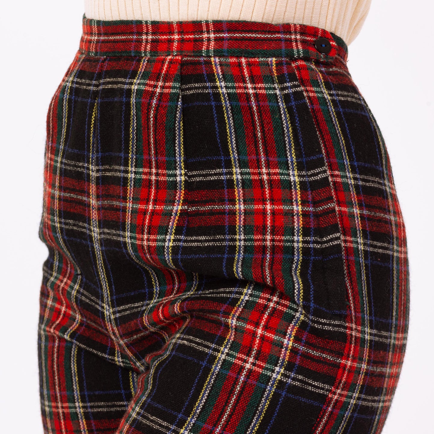 Vintage 60s Red & Black Tartan Plaid Knee Length Shorts - Extra Small, 24" Waist | Retro Fitted Wool Bermuda Shorts
