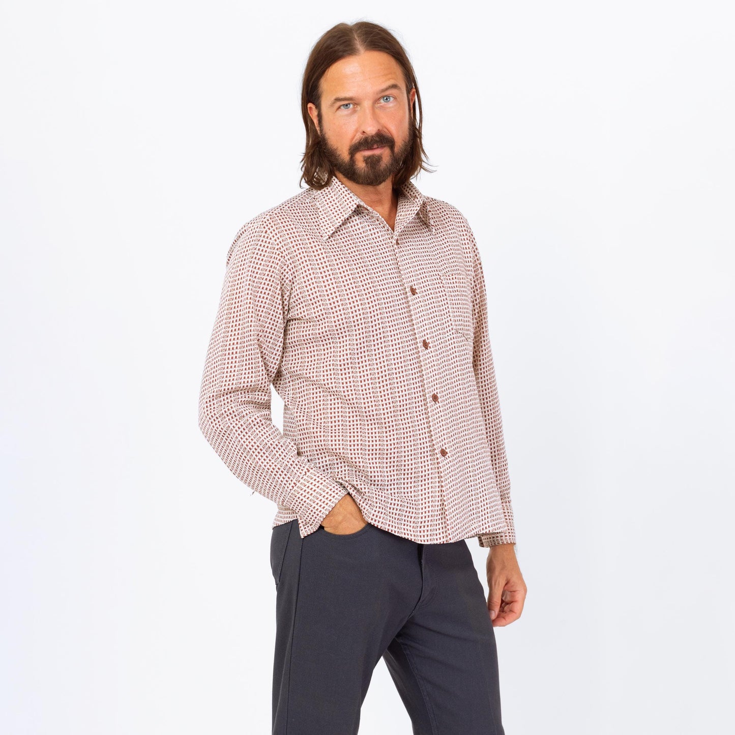 Vintage 70s Grid Plaid Knit Collared Shirt - Large | Retro White Red Plaid Button Down Long Sleeve Top