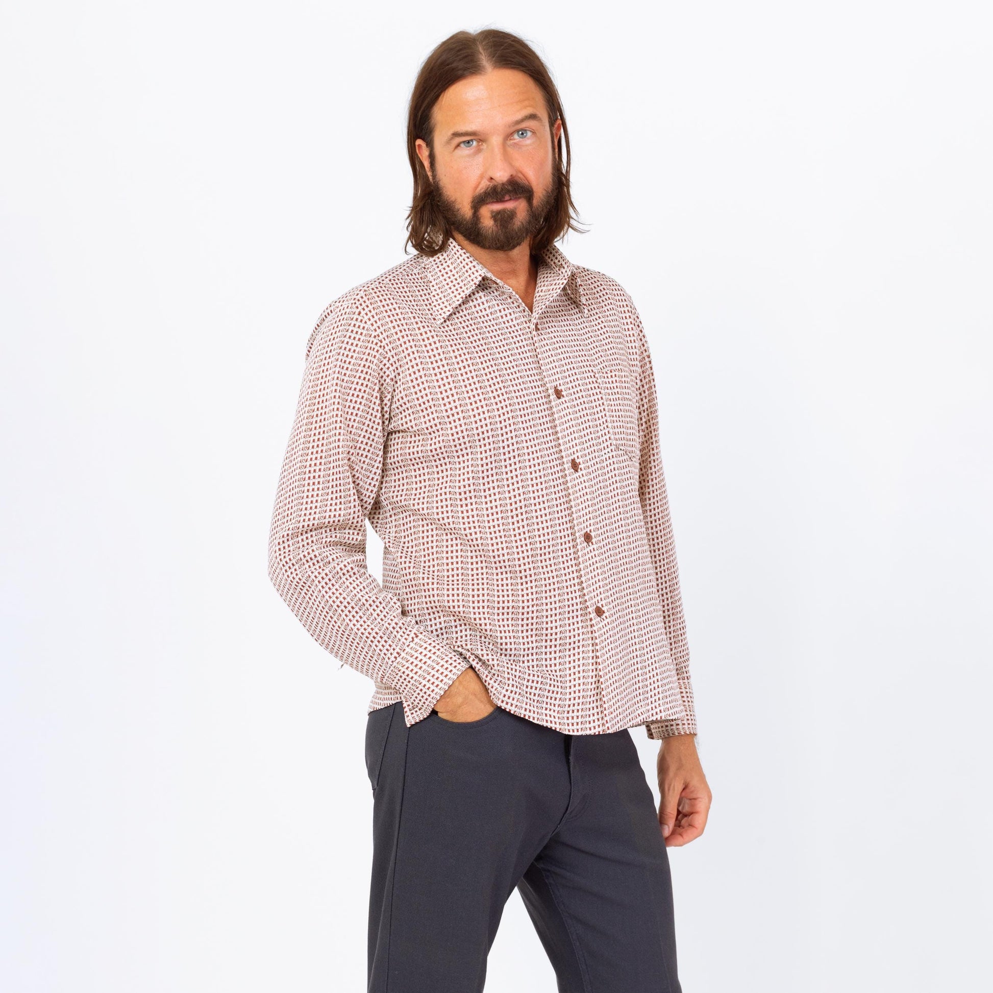 Vintage 70s Grid Plaid Knit Collared Shirt - Large | Retro White Red Plaid Button Down Long Sleeve Top