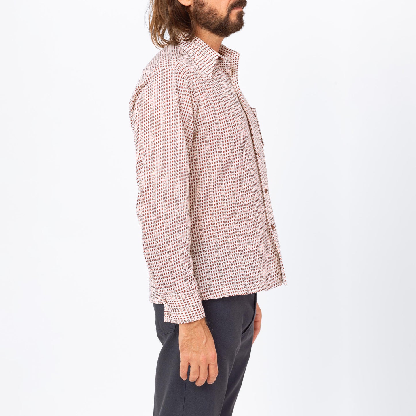 Vintage 70s Grid Plaid Knit Collared Shirt - Large | Retro White Red Plaid Button Down Long Sleeve Top