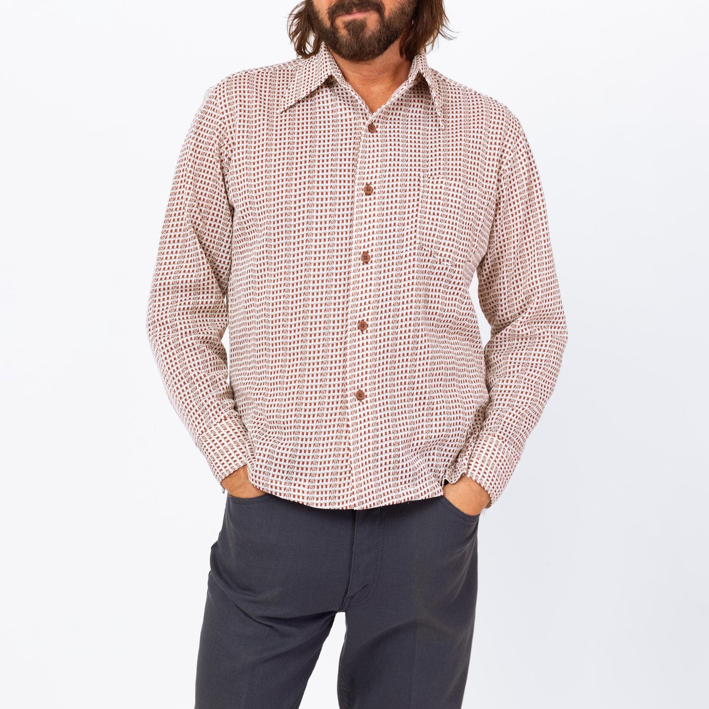 Vintage 70s Grid Plaid Knit Collared Shirt - Large | Retro White Red Plaid Button Down Long Sleeve Top