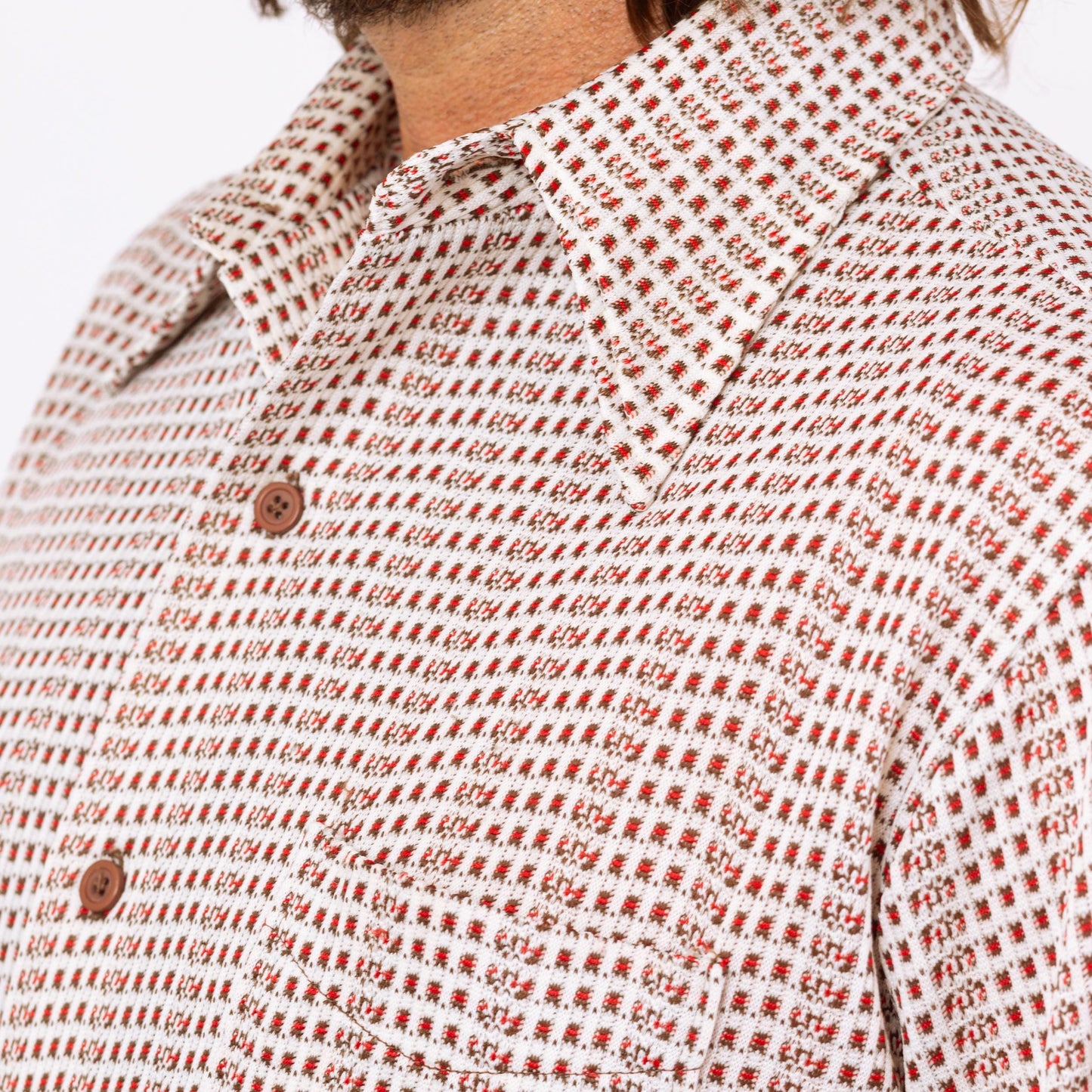 Vintage 70s Grid Plaid Knit Collared Shirt - Large | Retro White Red Plaid Button Down Long Sleeve Top