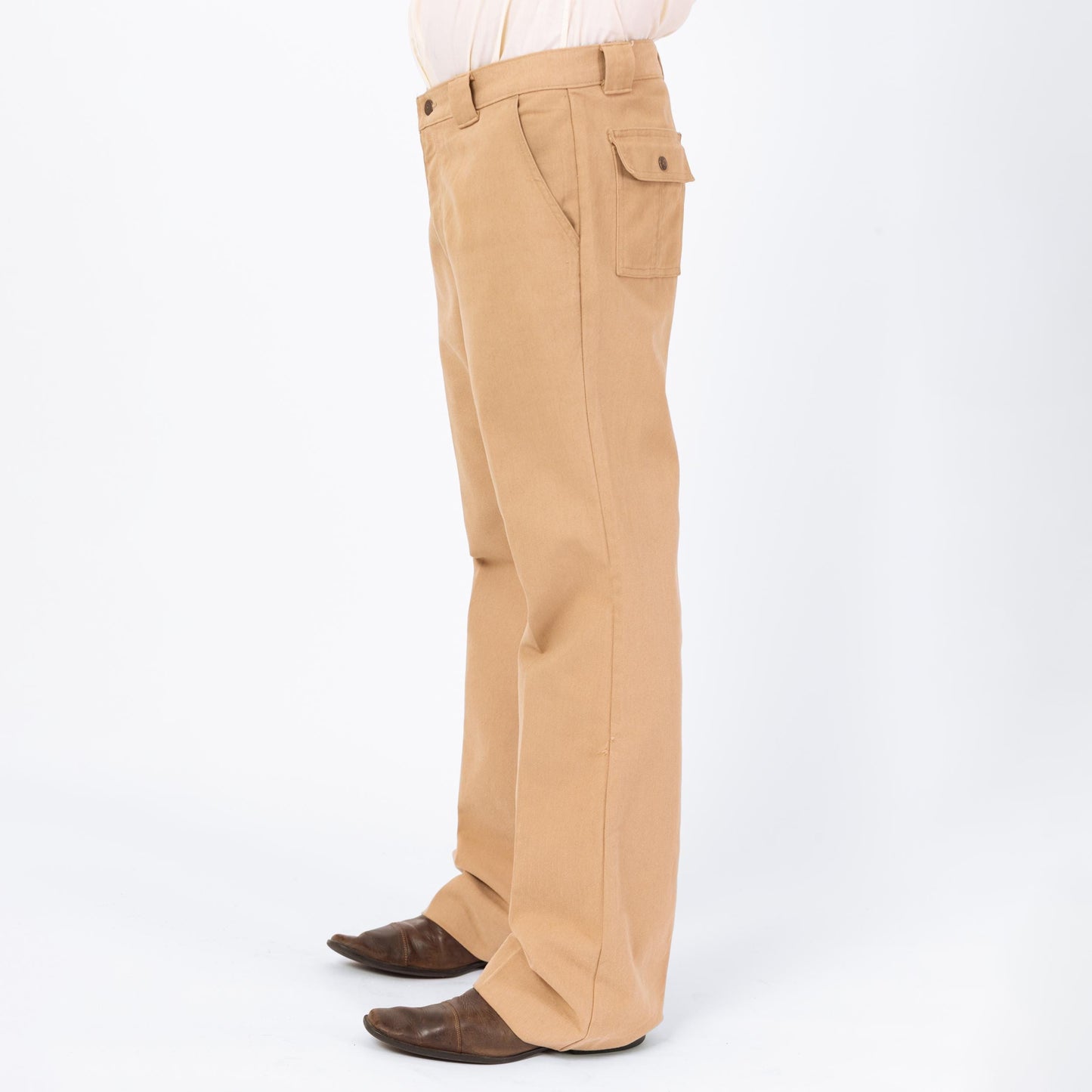 Vintage 70s Levi's Tan Bootcut Pants - 34x31 | Retro Khaki Cargo Pocket Trousers