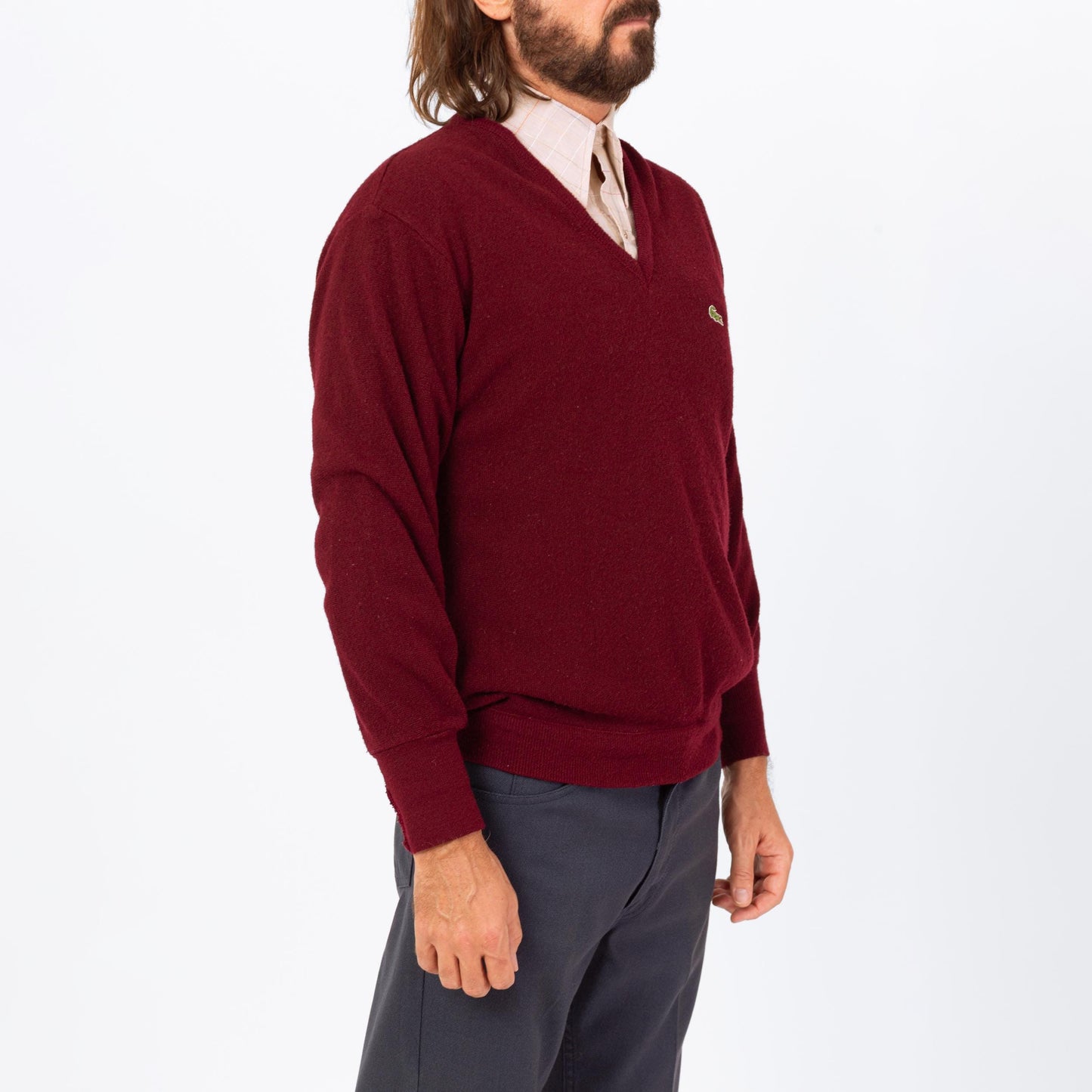 Vintage 80s Izod Lacoste Wine Red V Neck Sweater - Large | Preppy Burgundy Pullover Jumper