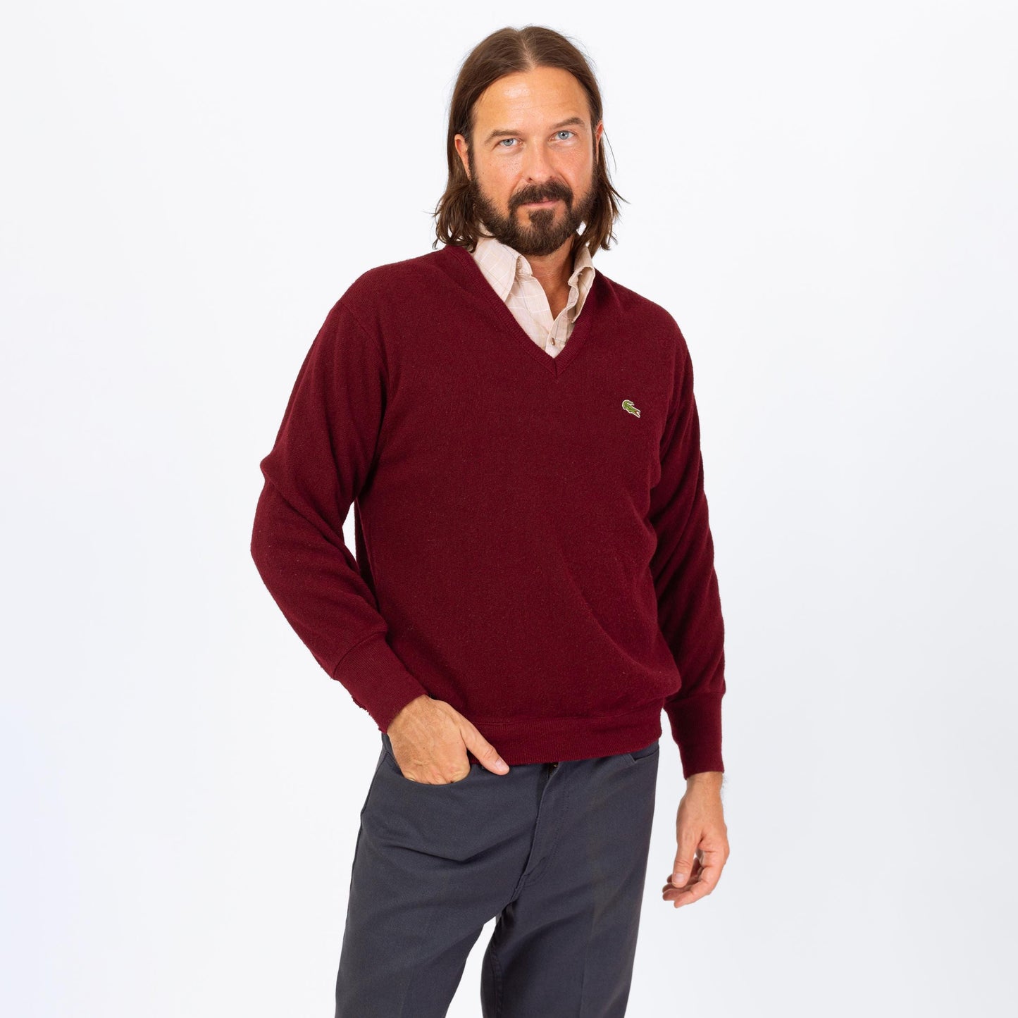 Vintage 80s Izod Lacoste Wine Red V Neck Sweater - Large | Preppy Burgundy Pullover Jumper