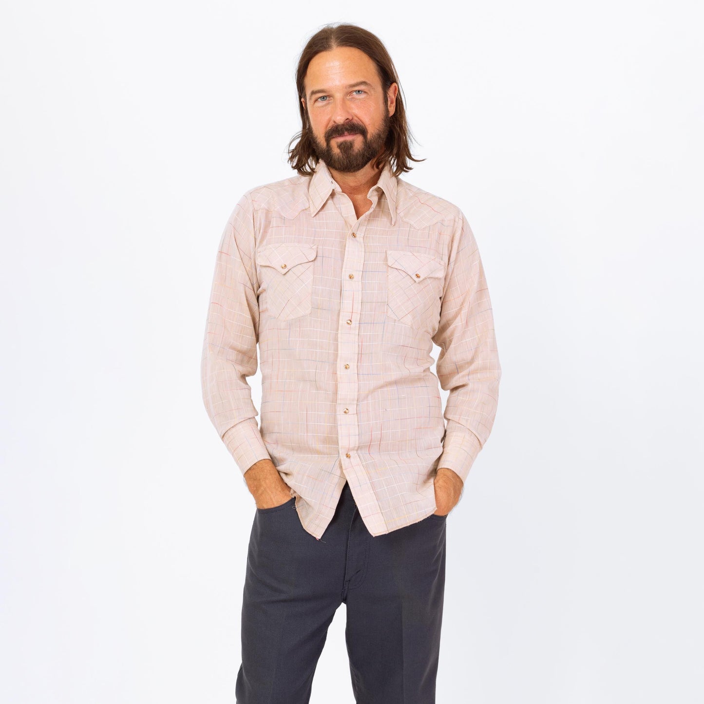 Vintage 70s Rainbow Stitched Pearl Snap Western Shirt - Medium | Taupe Plaid Button Up Long Sleeve Collared Top