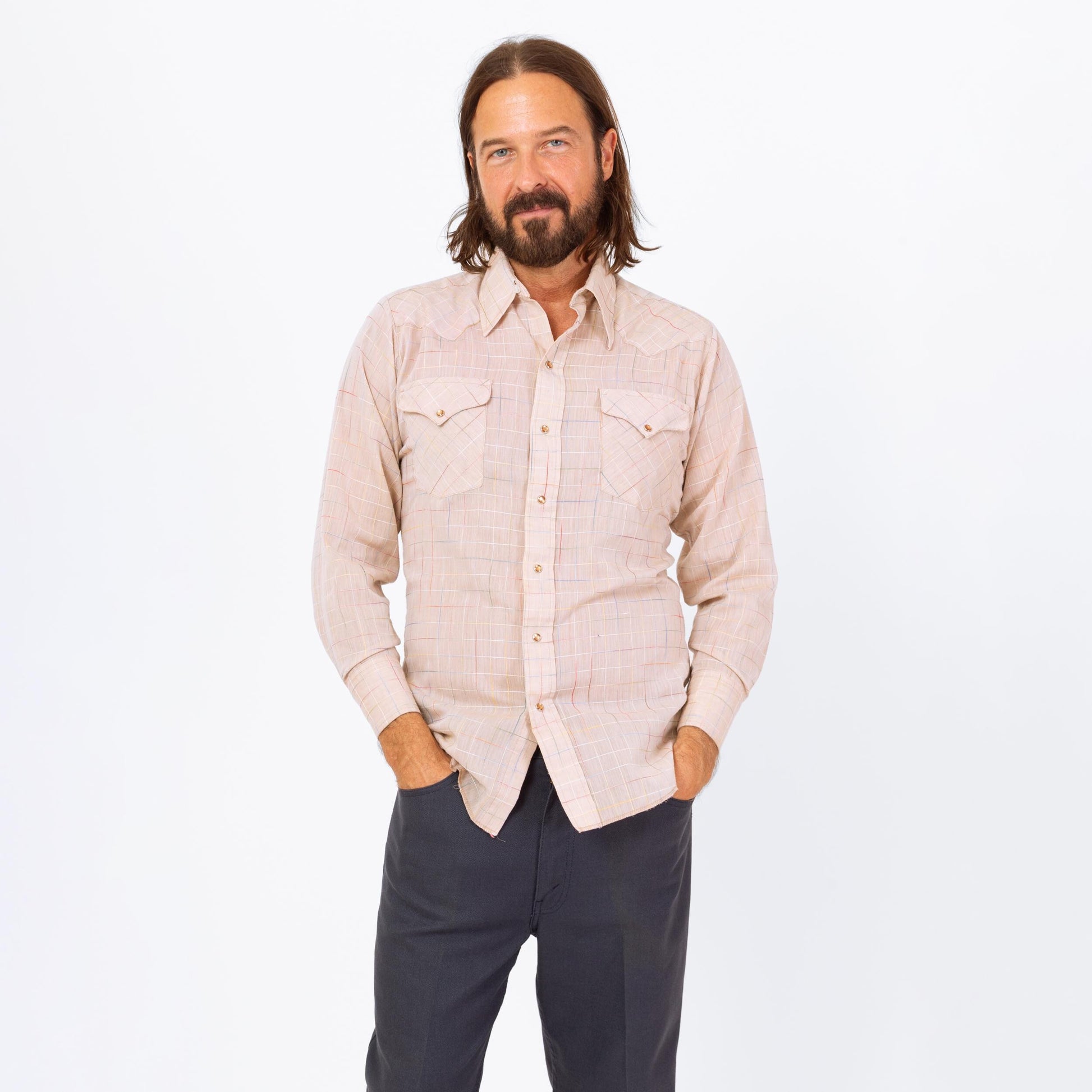 Vintage 70s Rainbow Stitched Pearl Snap Western Shirt - Medium | Taupe Plaid Button Up Long Sleeve Collared Top