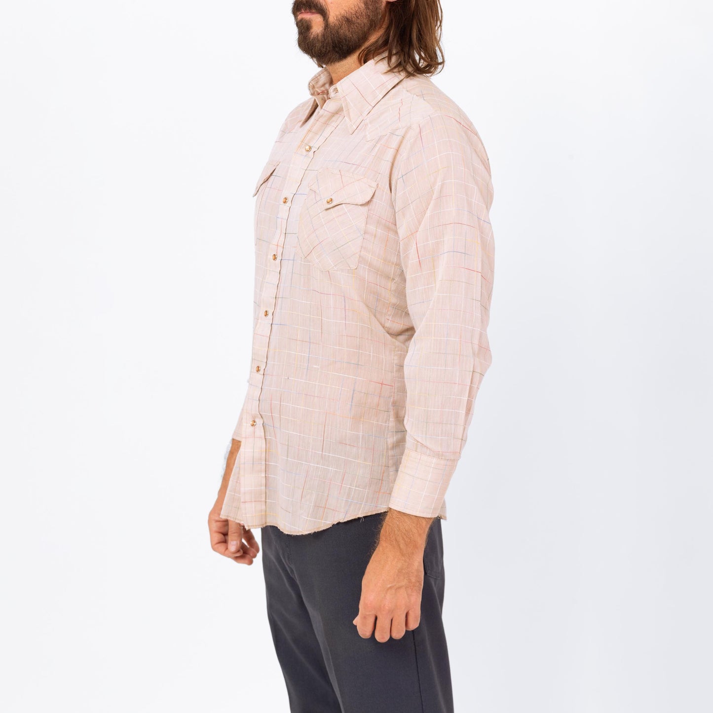 Vintage 70s Rainbow Stitched Pearl Snap Western Shirt - Medium | Taupe Plaid Button Up Long Sleeve Collared Top