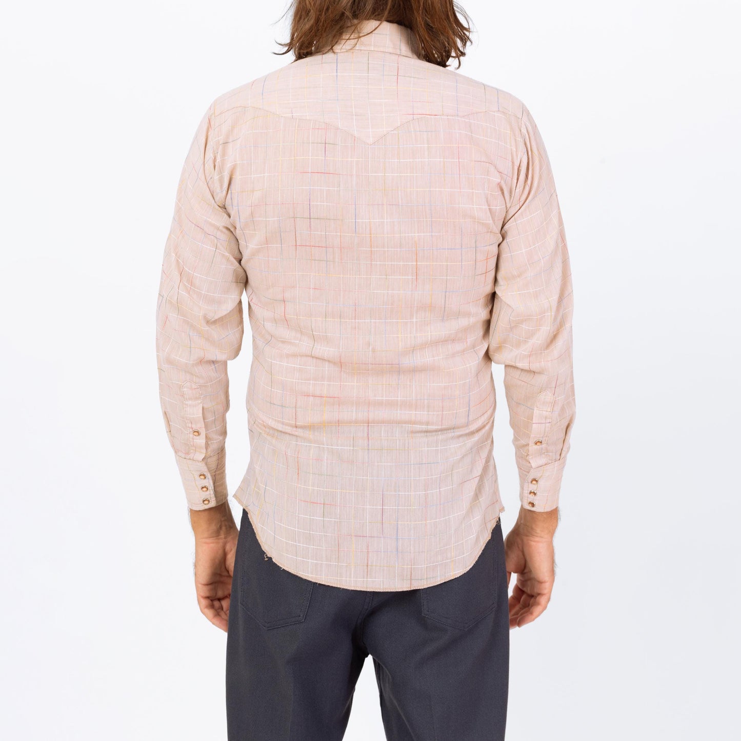 Vintage 70s Rainbow Stitched Pearl Snap Western Shirt - Medium | Taupe Plaid Button Up Long Sleeve Collared Top