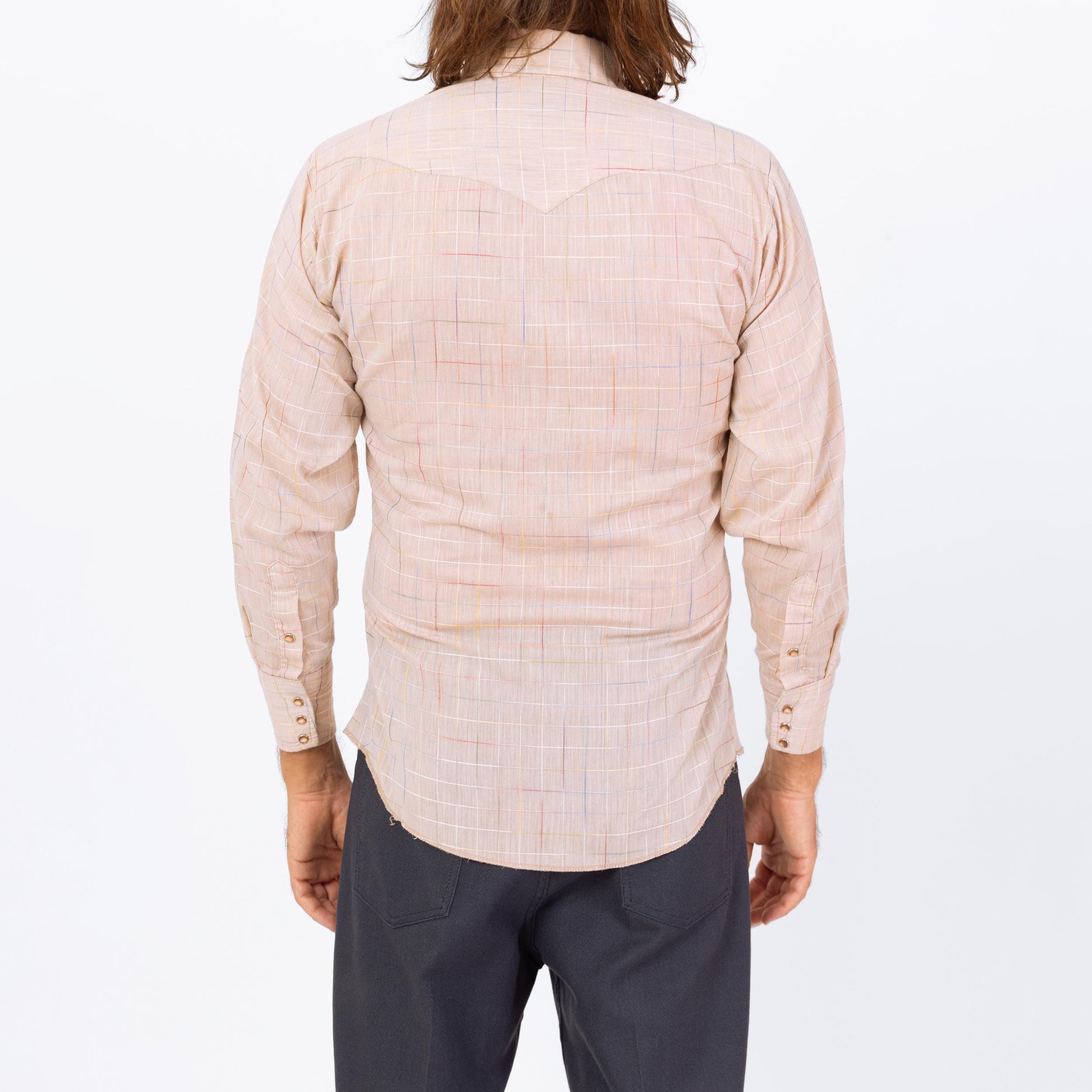 Vintage 70s Rainbow Stitched Pearl Snap Western Shirt - Medium | Taupe Plaid Button Up Long Sleeve Collared Top