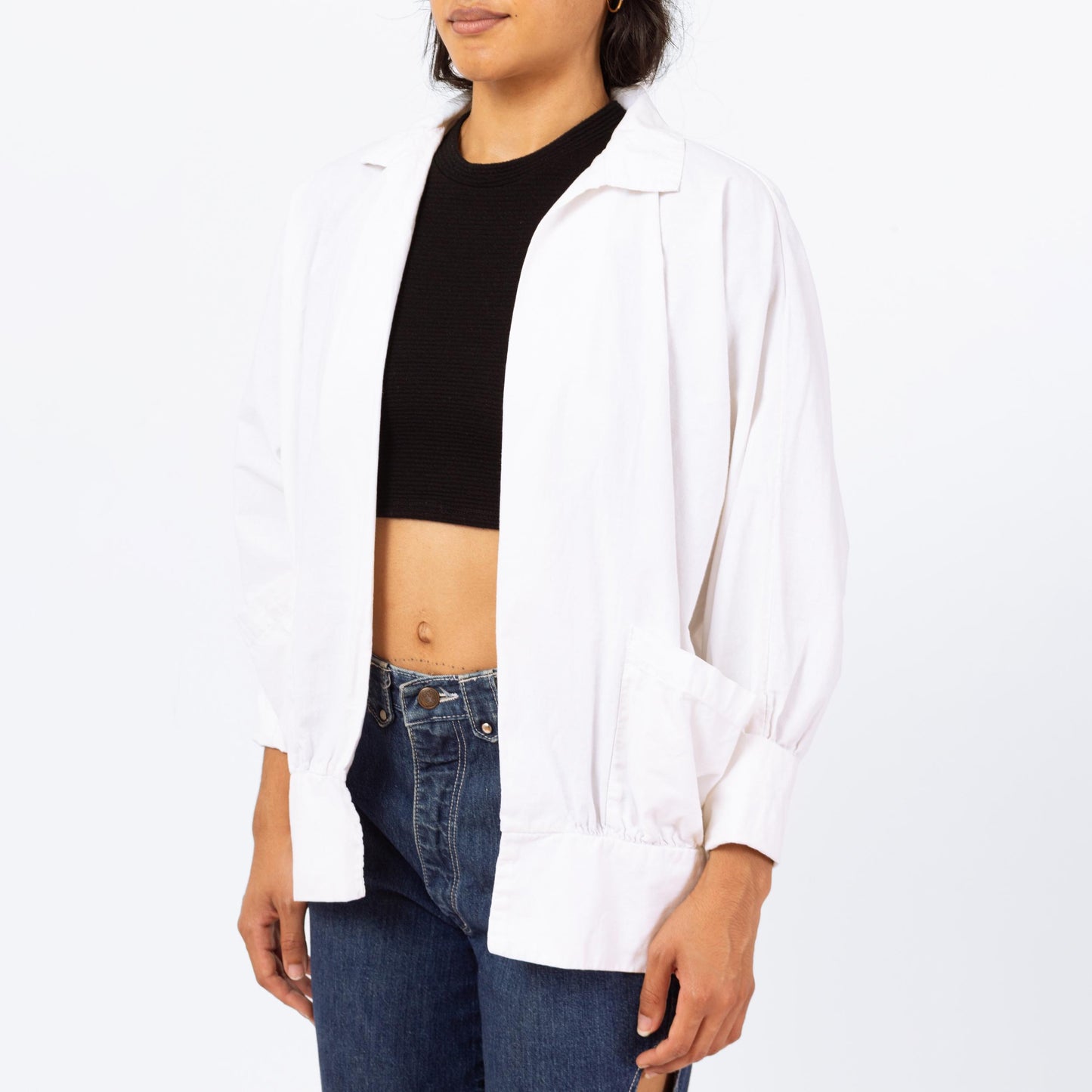 Vintage 90s Minimalist White Cotton Open Fit Jacket - Medium | Lightweight Collared Cuffed Sleeve Blazer