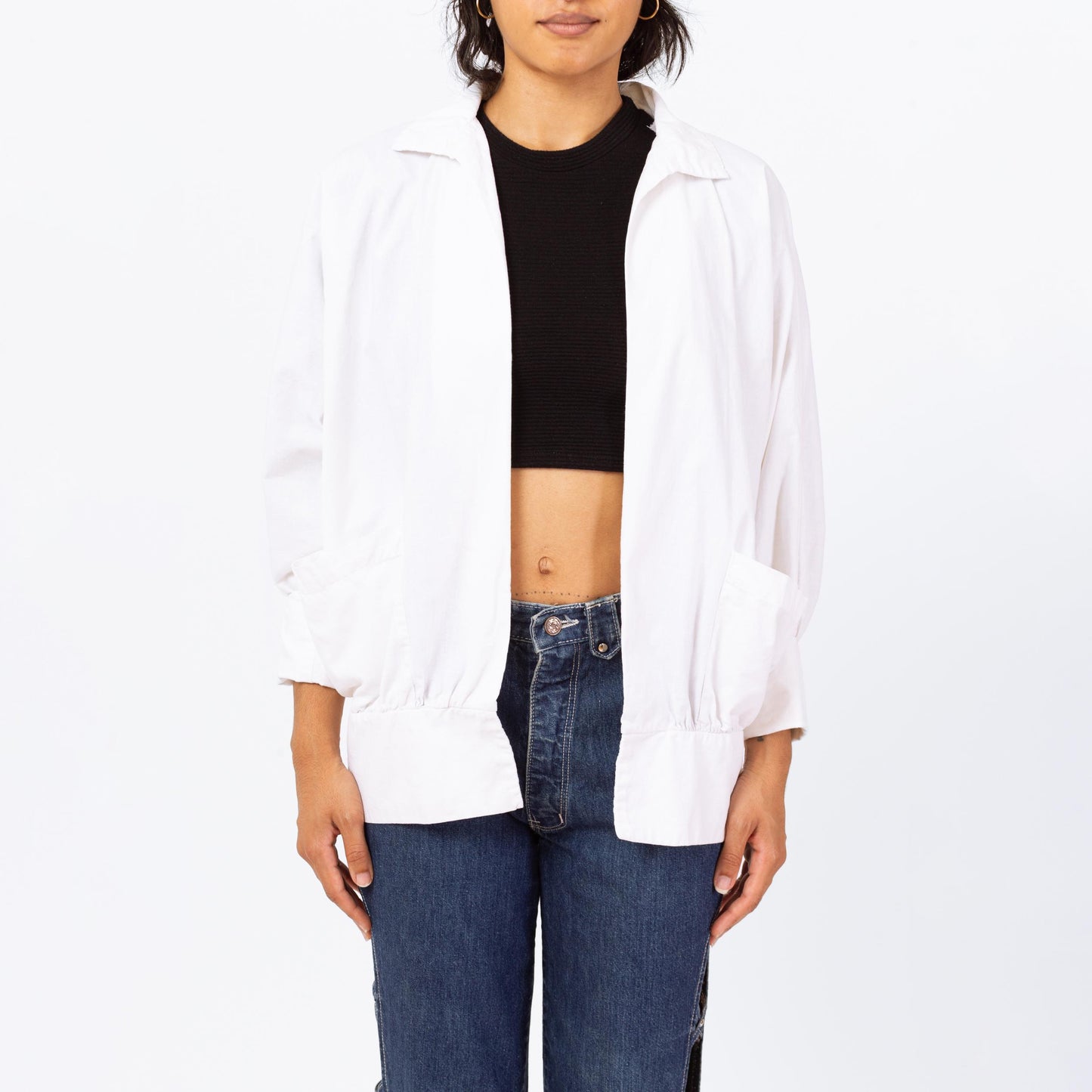 Vintage 90s Minimalist White Cotton Open Fit Jacket - Medium | Lightweight Collared Cuffed Sleeve Blazer
