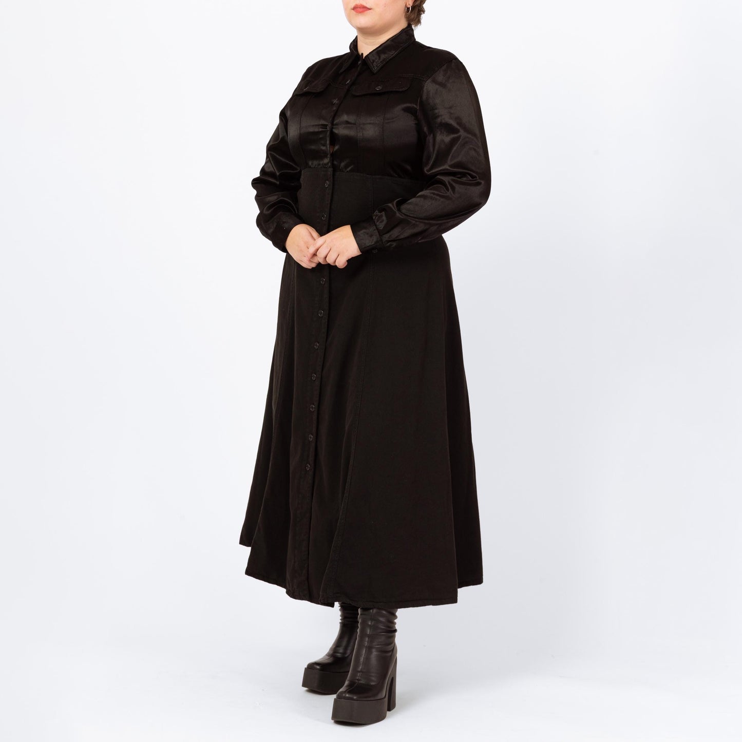 Vintage 90s Witchy Black Satin Bodice Maxi Dress - Large | Gothic Long Sleeve Button Up Shirtdress