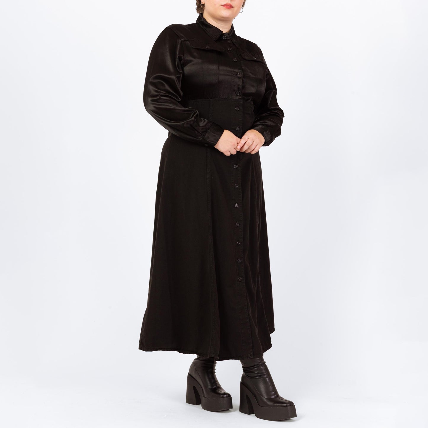 Vintage 90s Witchy Black Satin Bodice Maxi Dress - Large | Gothic Long Sleeve Button Up Shirtdress