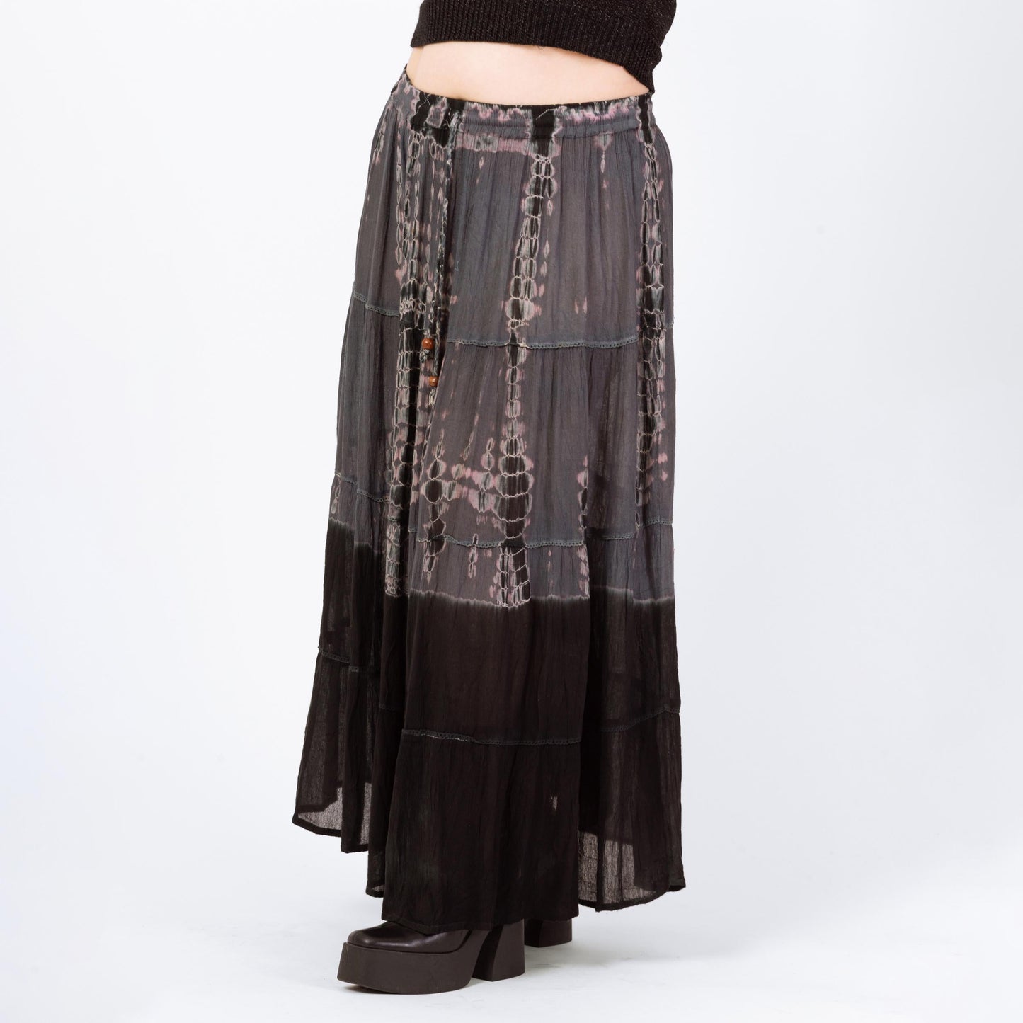 Vintage 90s Boho Tie Dye Maxi Broomstick Skirt - Extra Large | Boho Whimsigoth Black & Gray Shibori Pleated Grunge Skirt
