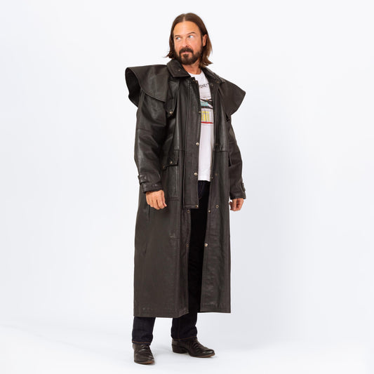 Vintage 90s Australian Stockman Black Leather Trench Coat - Large to XL | Cyber Goth Western Long Duster Jacket