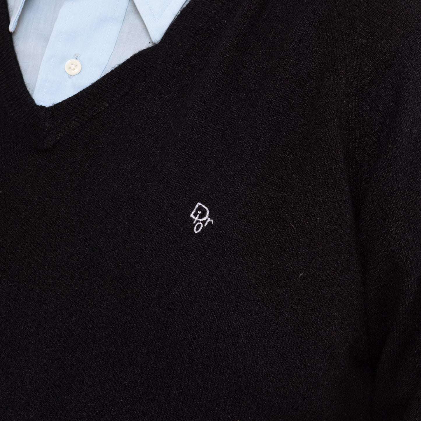 Vintage 80s Christian Dior Black Knit Sweater - Large | Preppy Designer V Neck Wool Pullover Sweater