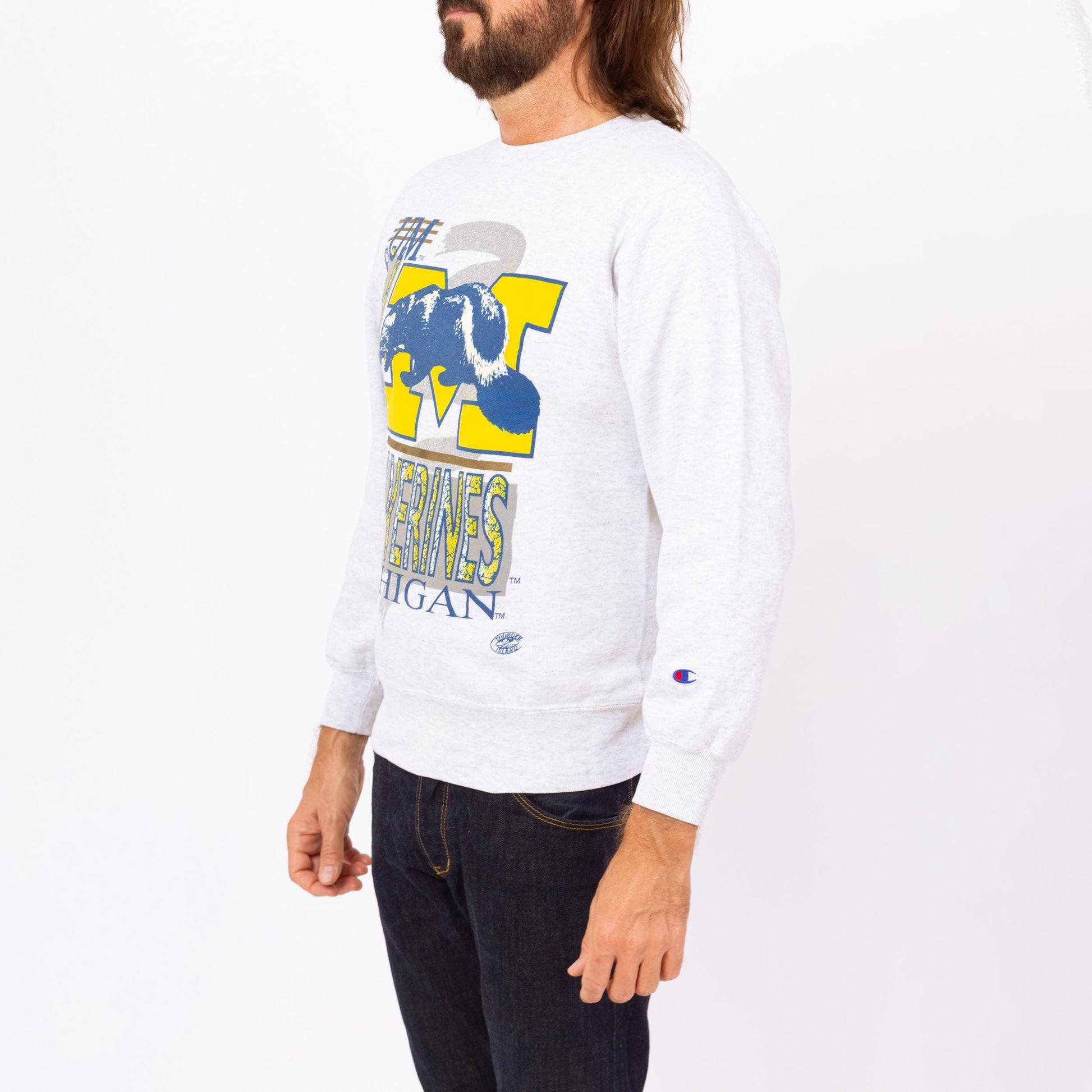 Vintage 90s University Of Michigan Wolverines Sweatshirt - Small | Champion Heather Grey Collegiate Pullover Crew Neck