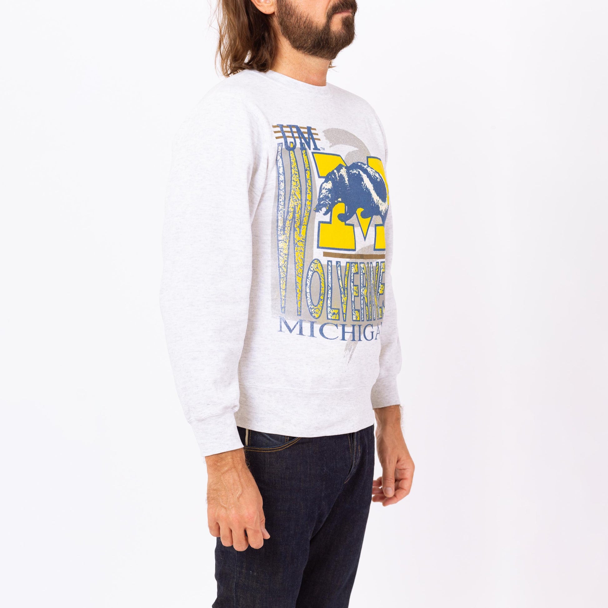 Vintage 90s University Of Michigan Wolverines Sweatshirt - Small | Champion Heather Grey Collegiate Pullover Crew Neck