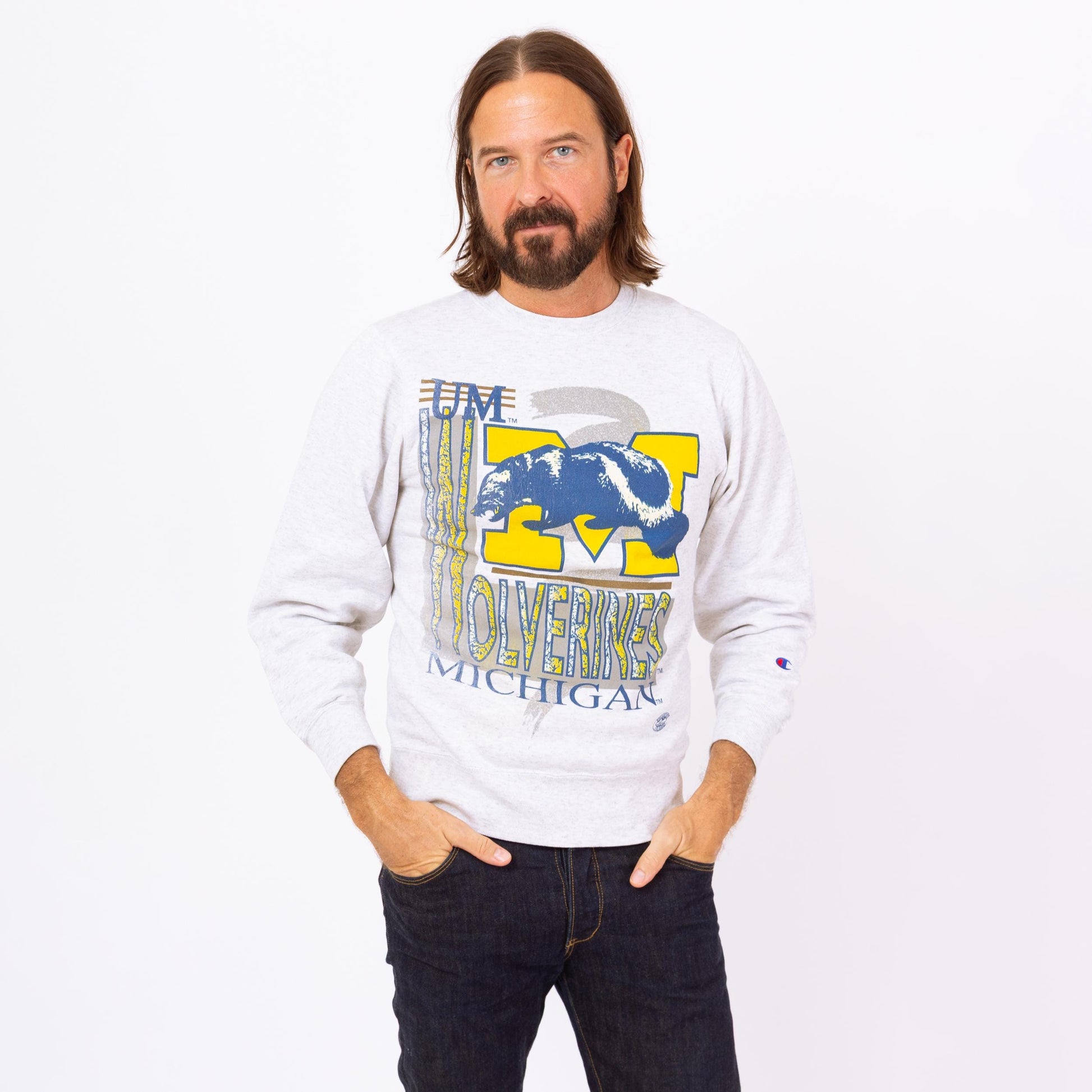 Vintage 90s University Of Michigan Wolverines Sweatshirt - Small | Champion Heather Grey Collegiate Pullover Crew Neck